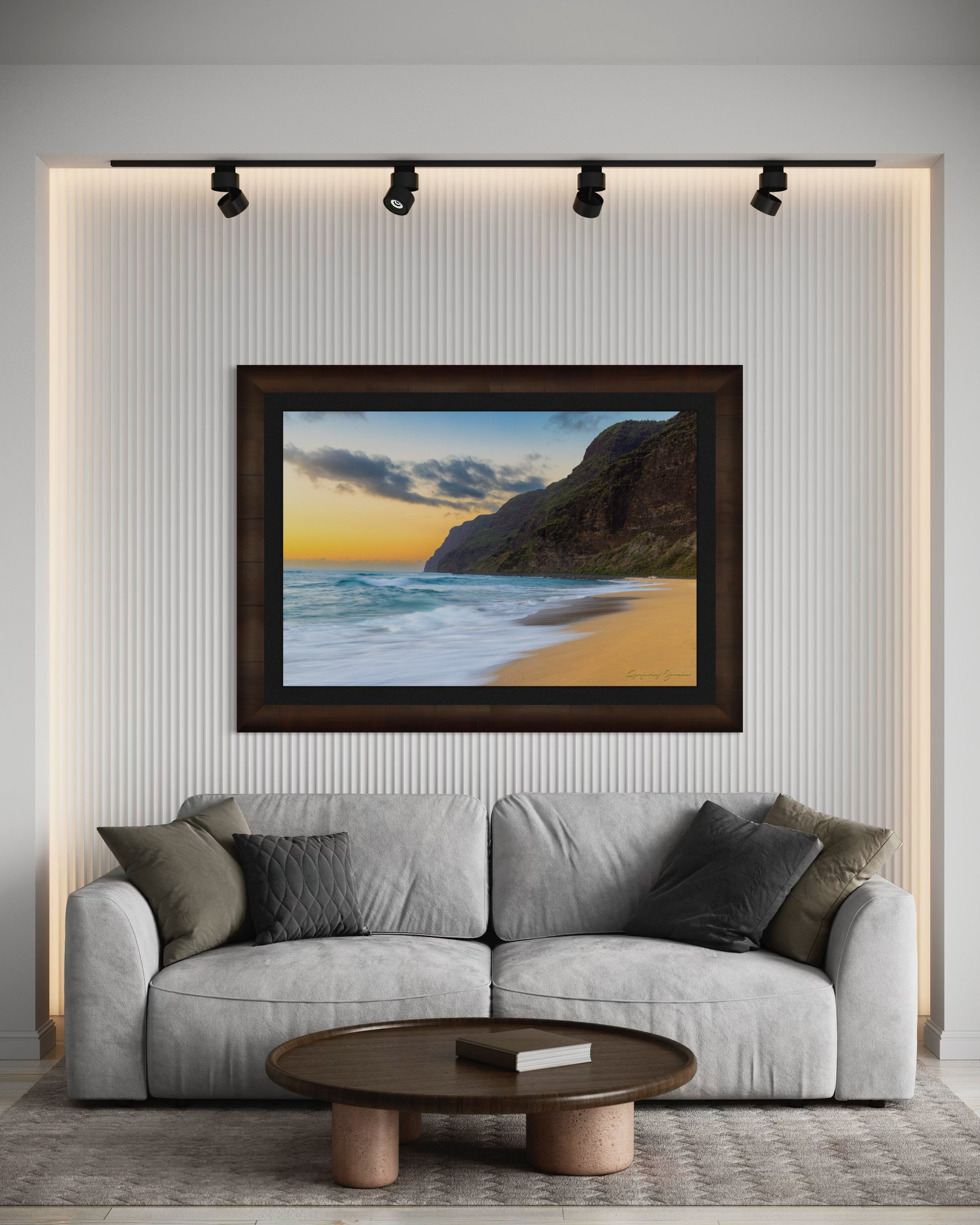 Beach and coastal terrain of Barking Sands on Kauai under dusky sky with cloud cover and vibrant colors. #Finish_Roma Cigar Leaf Frame & Dark Liner