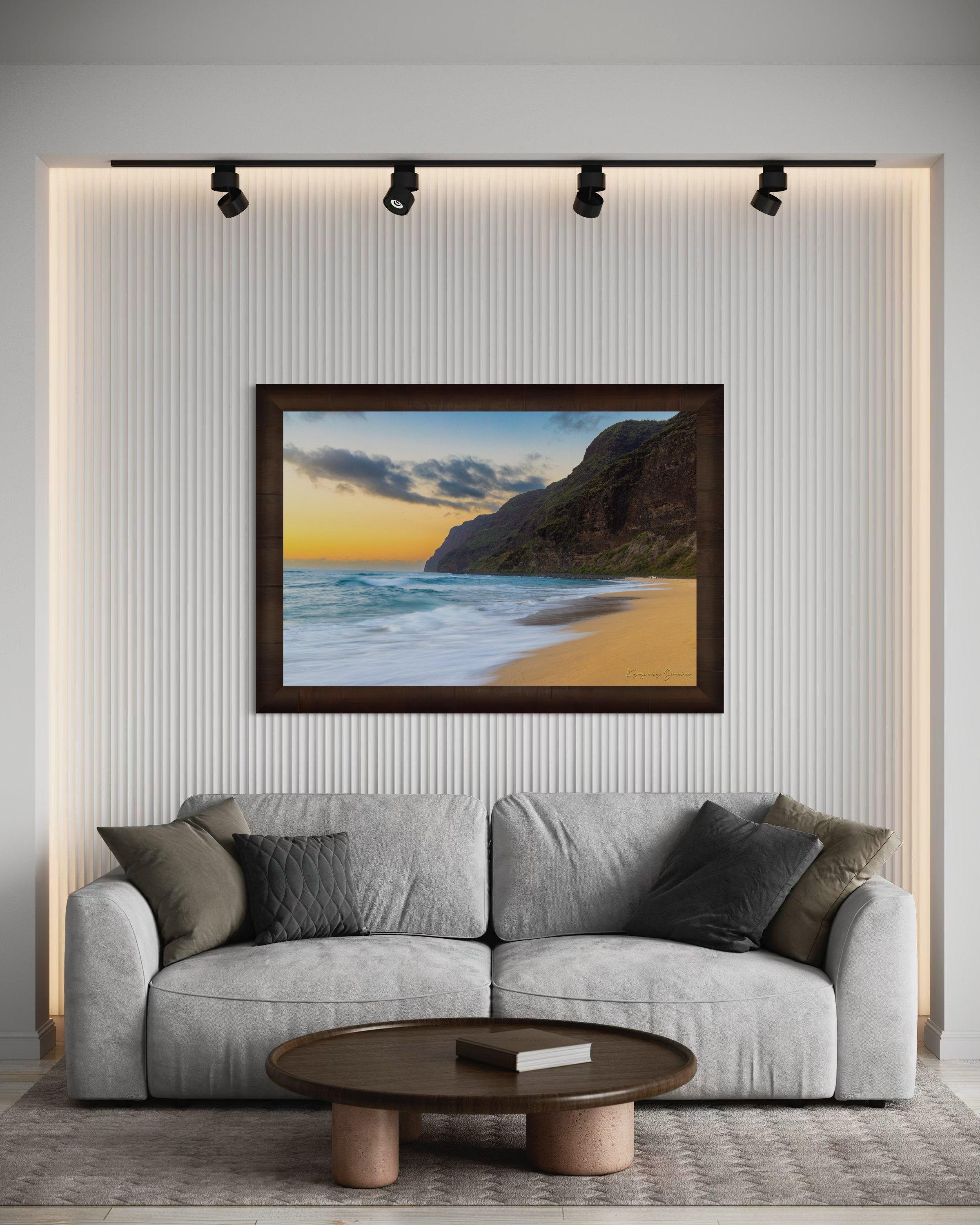 Beach and coastal terrain of Barking Sands on Kauai under dusky sky with cloud cover and vibrant colors. #Finish_Roma Cigar Leaf Frame