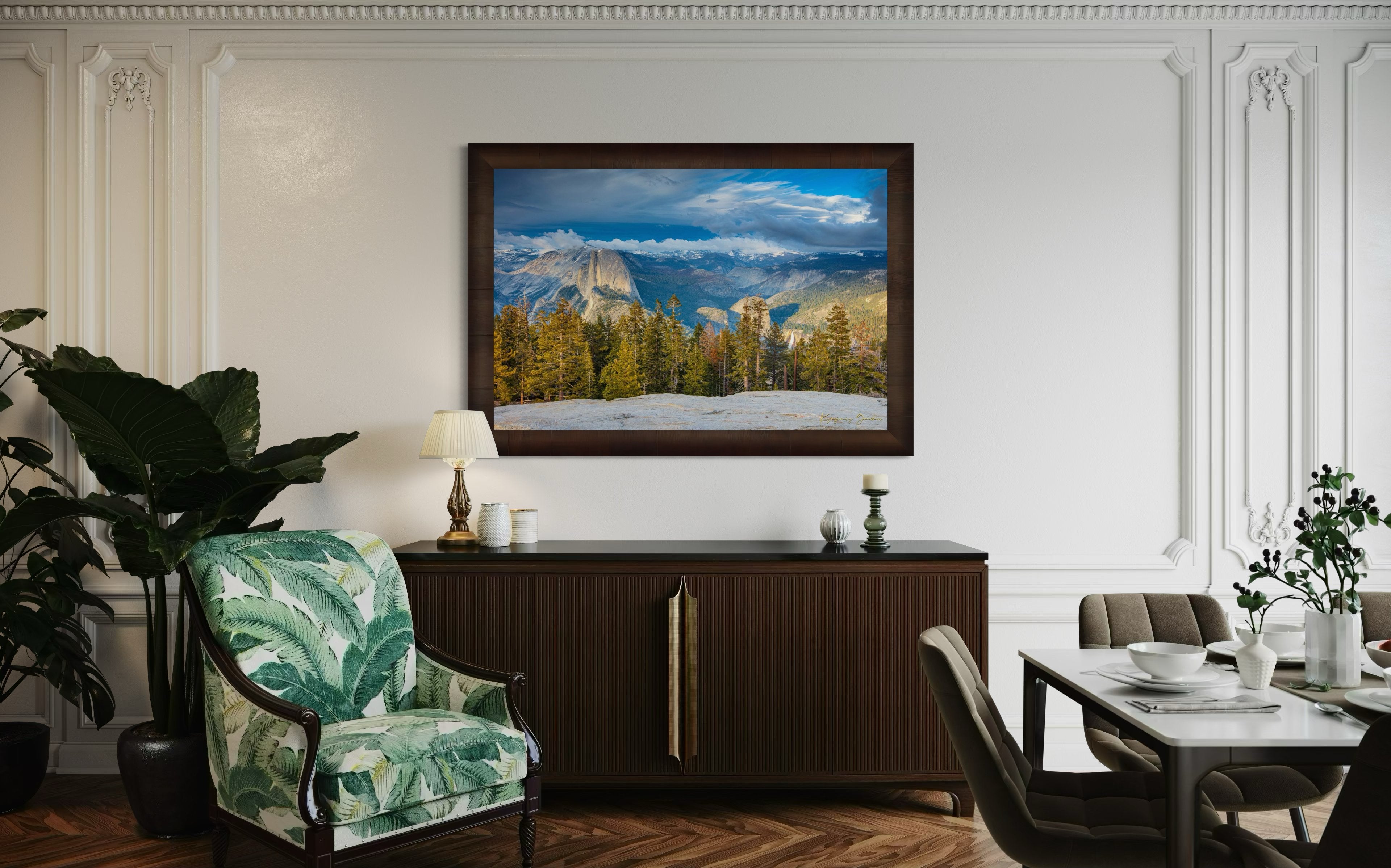 Yosemite Valley panorama beneath moving clouds, featuring monoliths and pine forests in the distance. #Finish_Roma Cigar Leaf Frame