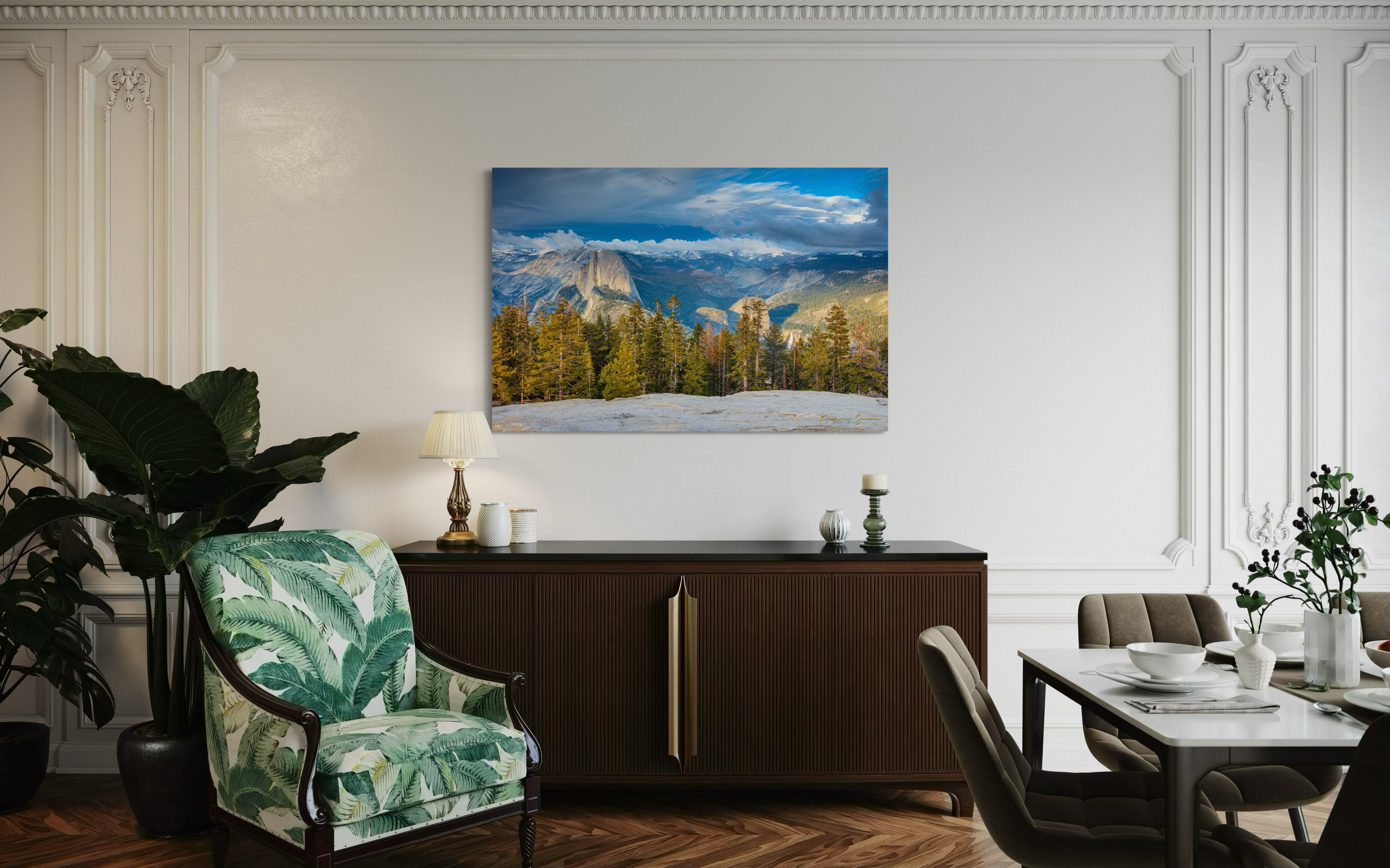 Yosemite Valley panorama beneath moving clouds, featuring monoliths and pine forests in the distance. #Finish_Acrylic Recess