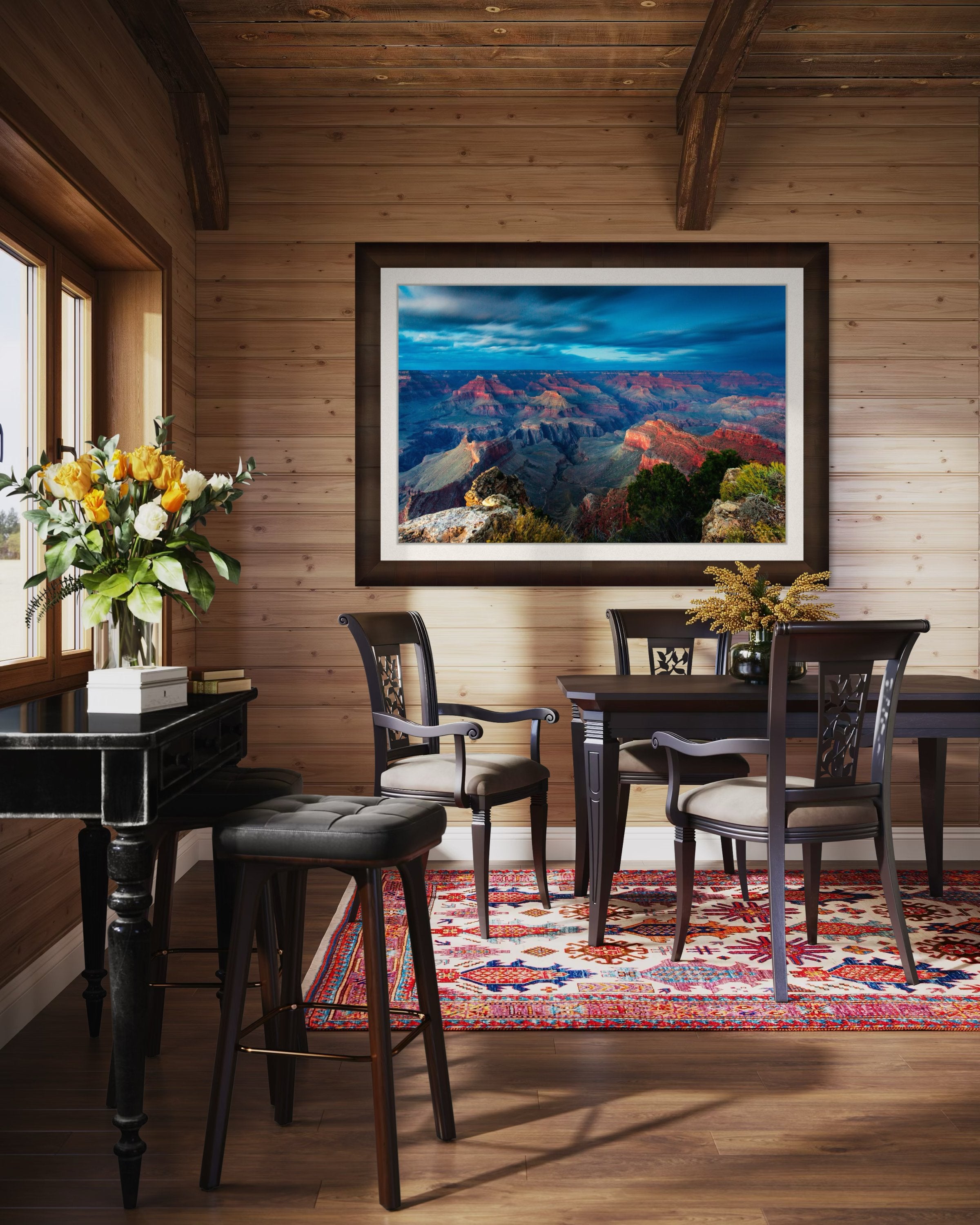 Grand Canyon under a dramatic sky at sunset, storm clouds gathering over the canyon rim during hazy weather. #Finish_Roma Cigar Leaf Frame & Bright Liner