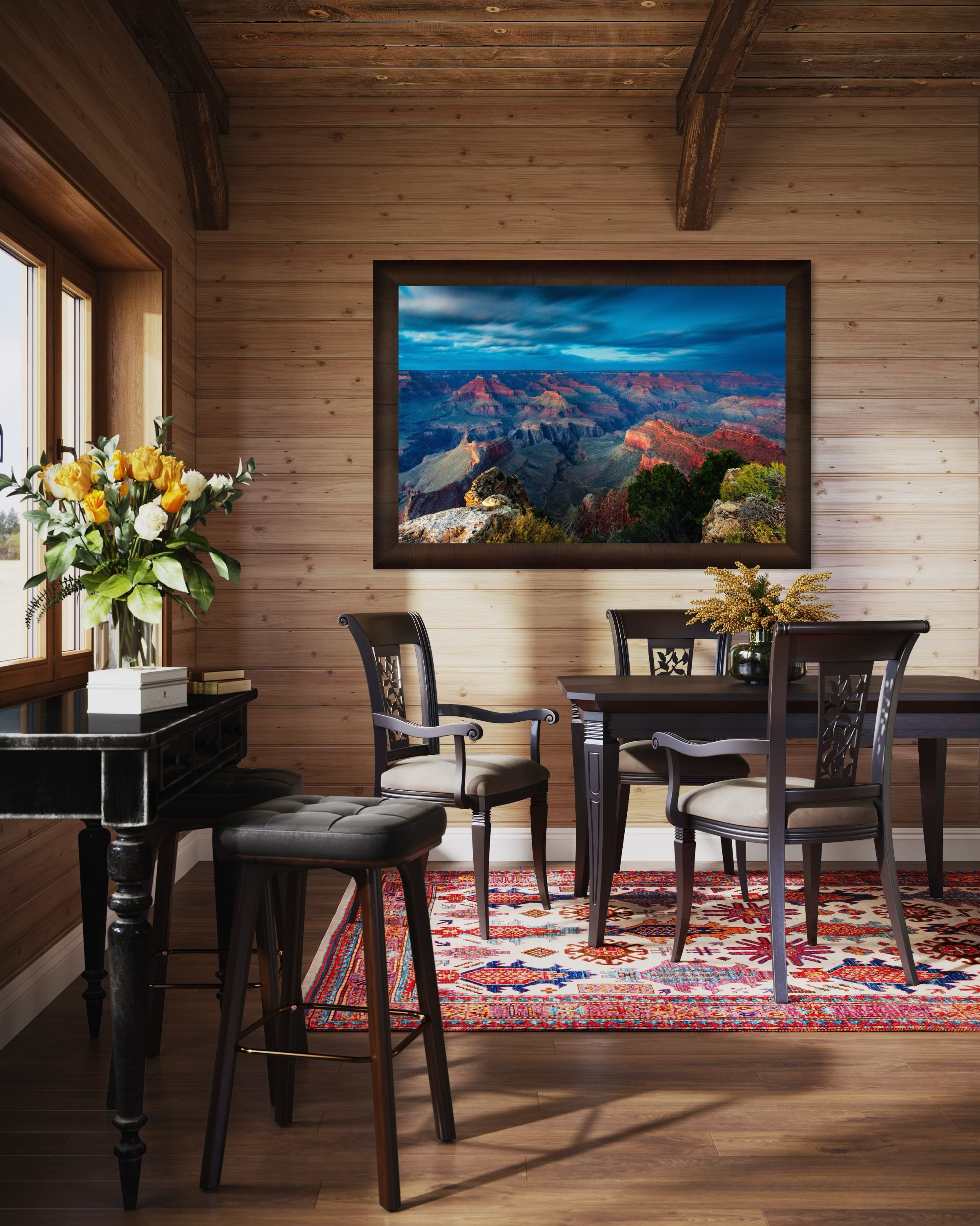 Grand Canyon under a dramatic sky at sunset, storm clouds gathering over the canyon rim during hazy weather. #Finish_Roma Cigar Leaf Frame