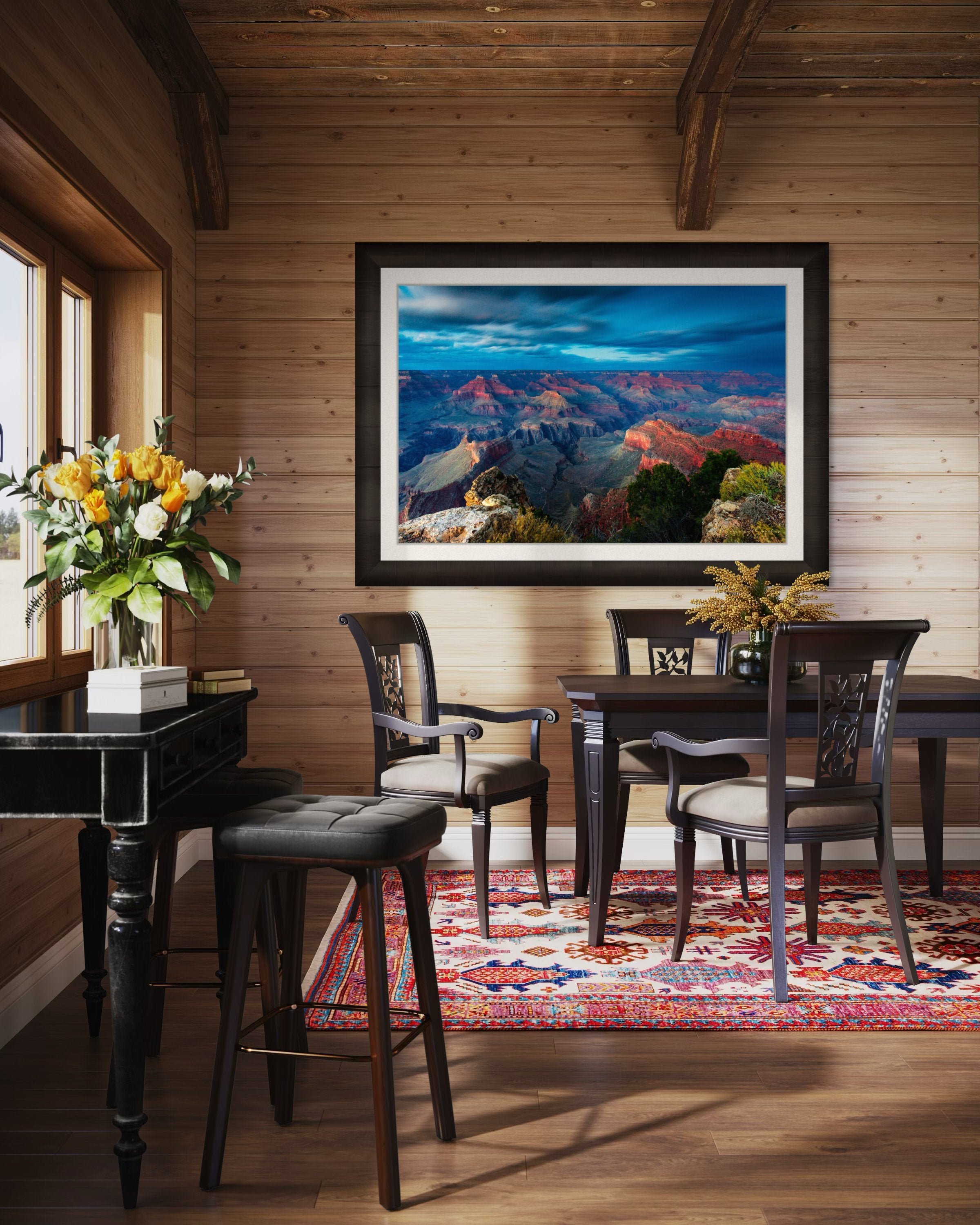 Grand Canyon under a dramatic sky at sunset, storm clouds gathering over the canyon rim during hazy weather. #Finish_Roma Dark Ash Frame & Bright Liner