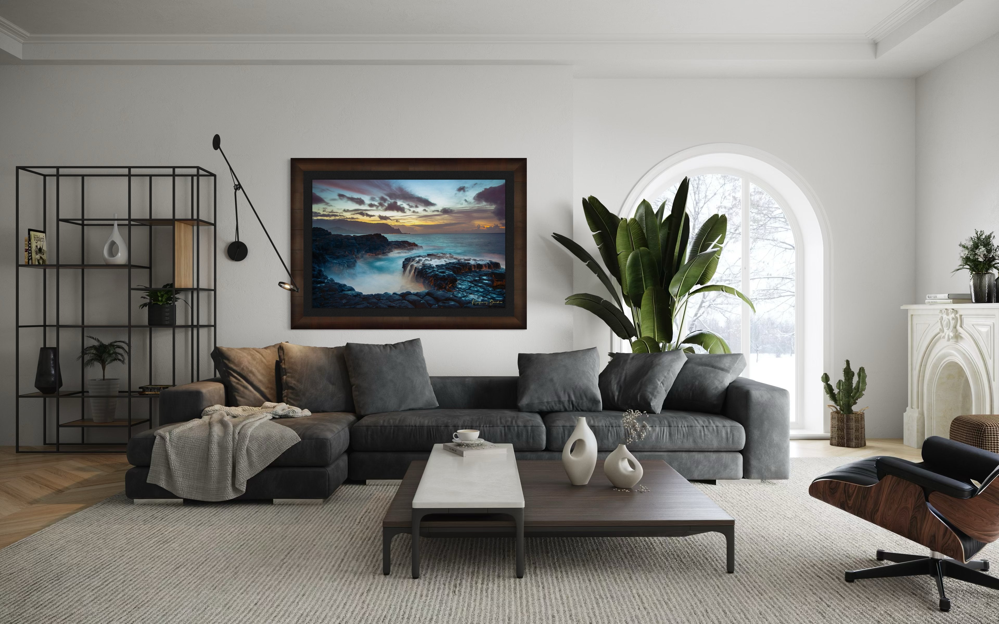 Tide pool along the coastal cliffs of Queen’s Bath, Kauai, illuminated by a glowing sunset. #Finish_Roma Cigar Leaf Frame & Dark Liner