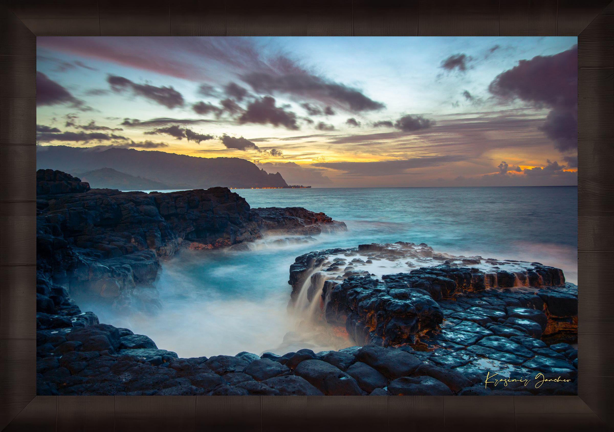 Tide pool along the coastal cliffs of Queen’s Bath, Kauai, illuminated by a glowing sunset. #Finish_Roma Dark Ash Frame