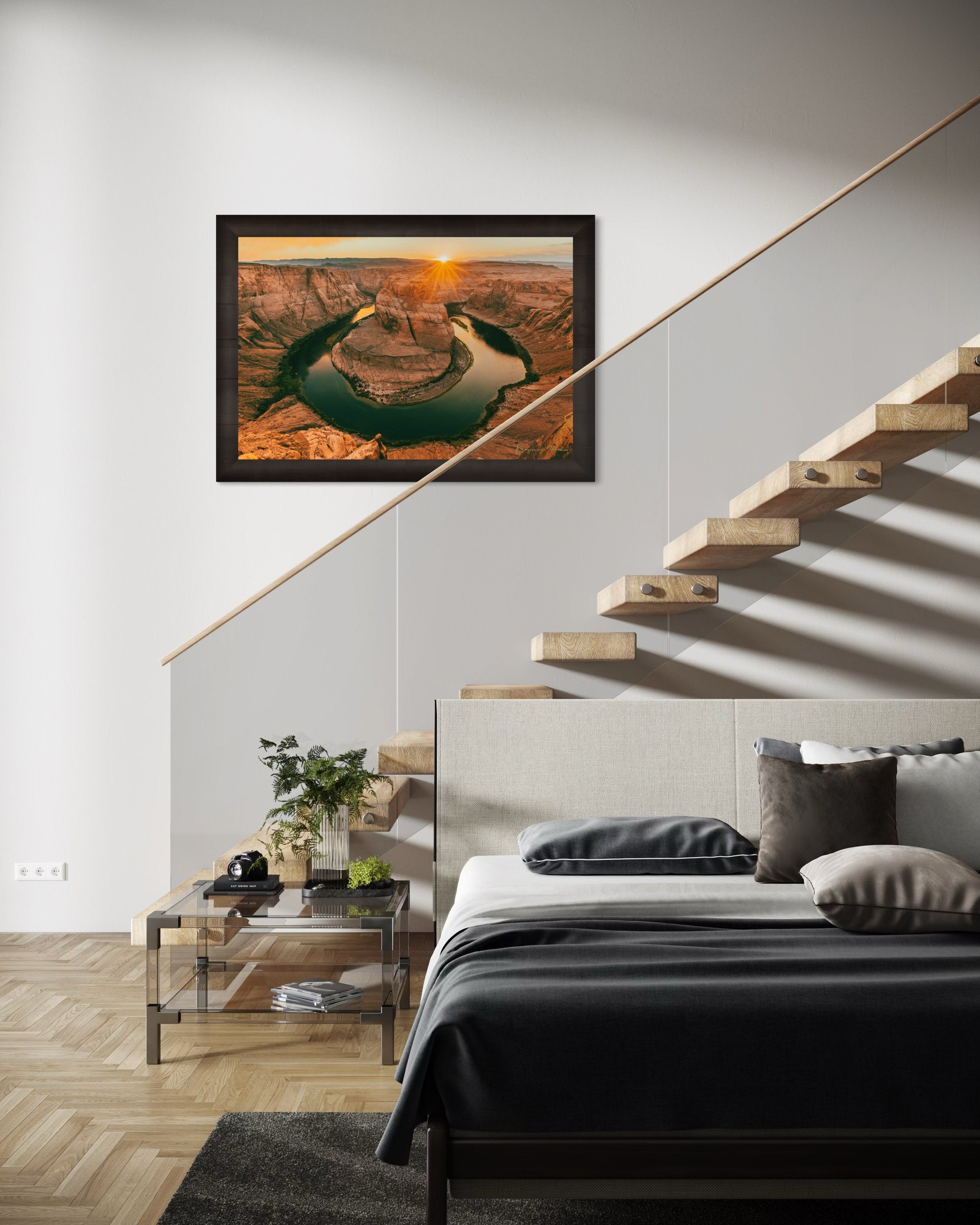 Colorado River forming Horseshoe Bend within a desert canyon in Page during sunset, cloudy sky. #Finish_Roma Dark Ash Frame