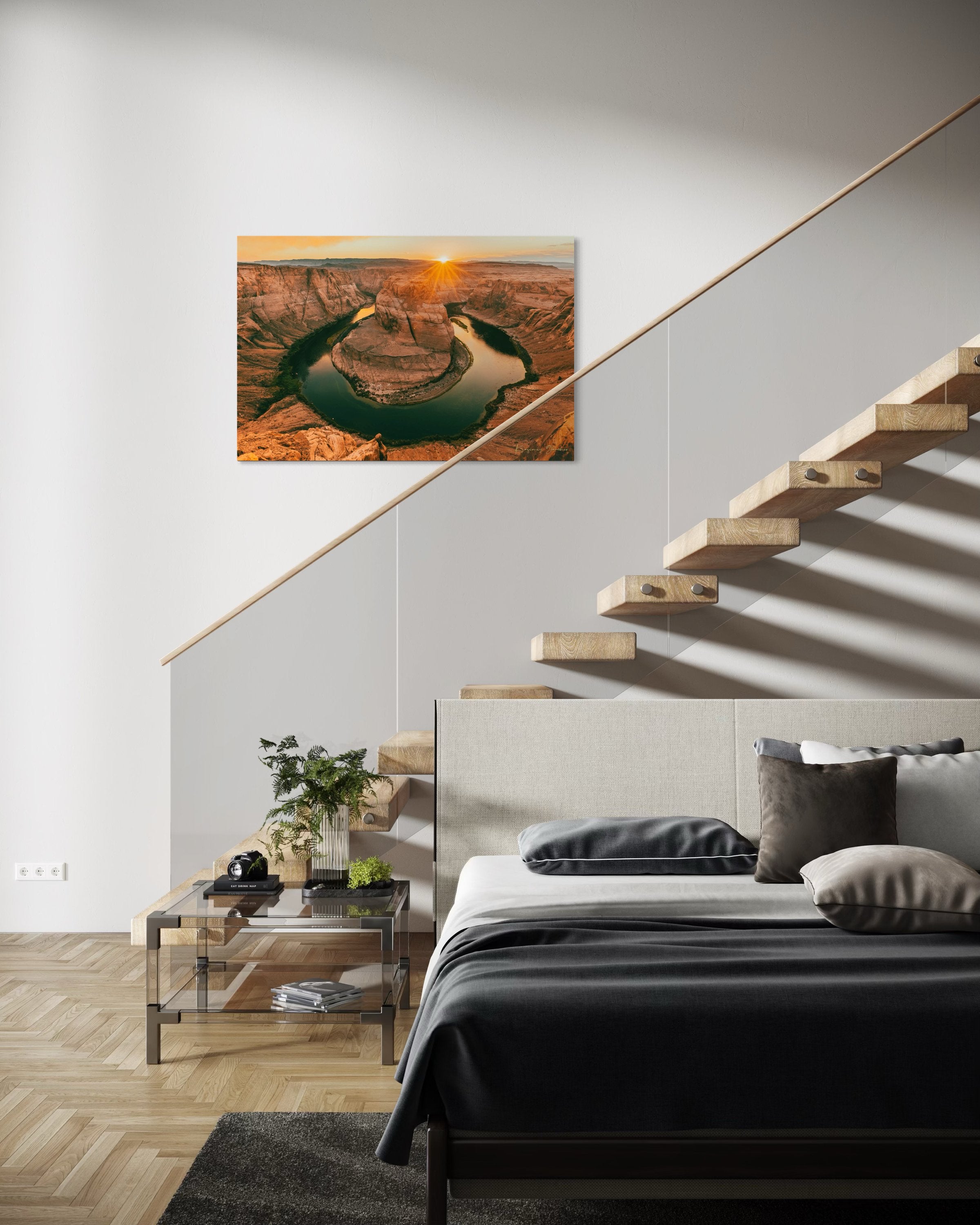 Colorado River forming Horseshoe Bend within a desert canyon in Page during sunset, cloudy sky. #Finish_Acrylic Recess