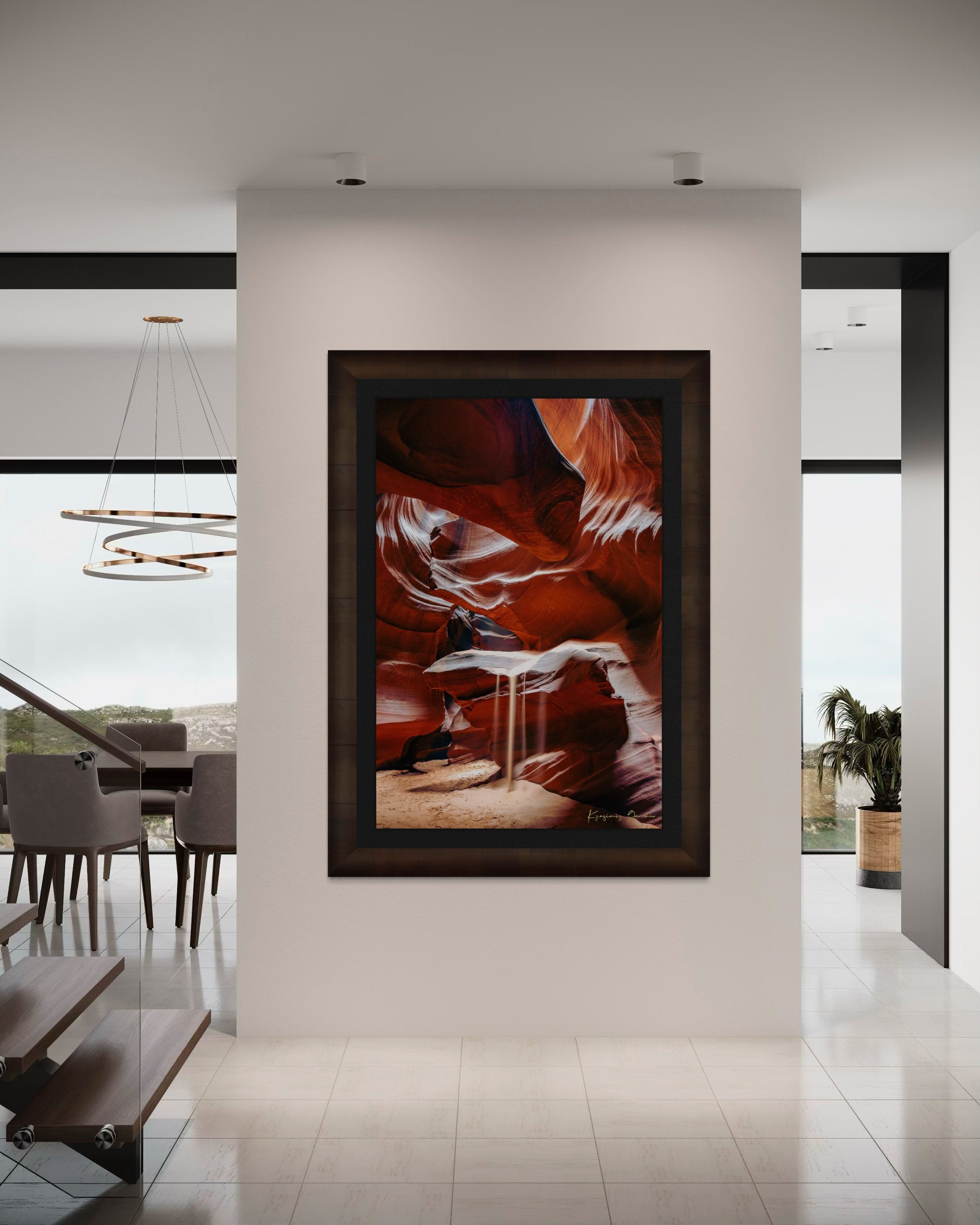 Sunlight streams through cracks above Antelope Canyon. Shafts illuminate the sandstone walls with dynamic patterns and shadows. #Finish_Roma Cigar Leaf Frame & Dark Liner