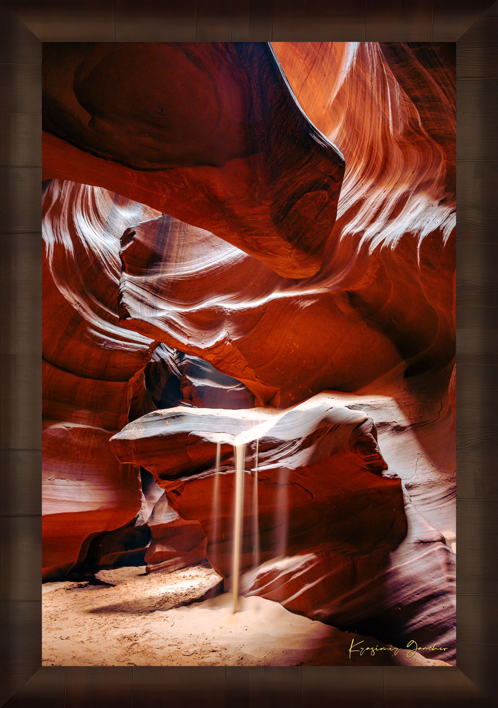 Sunlight streams through cracks above Antelope Canyon. Shafts illuminate the sandstone walls with dynamic patterns and shadows. #Finish_Roma Cigar Leaf Frame