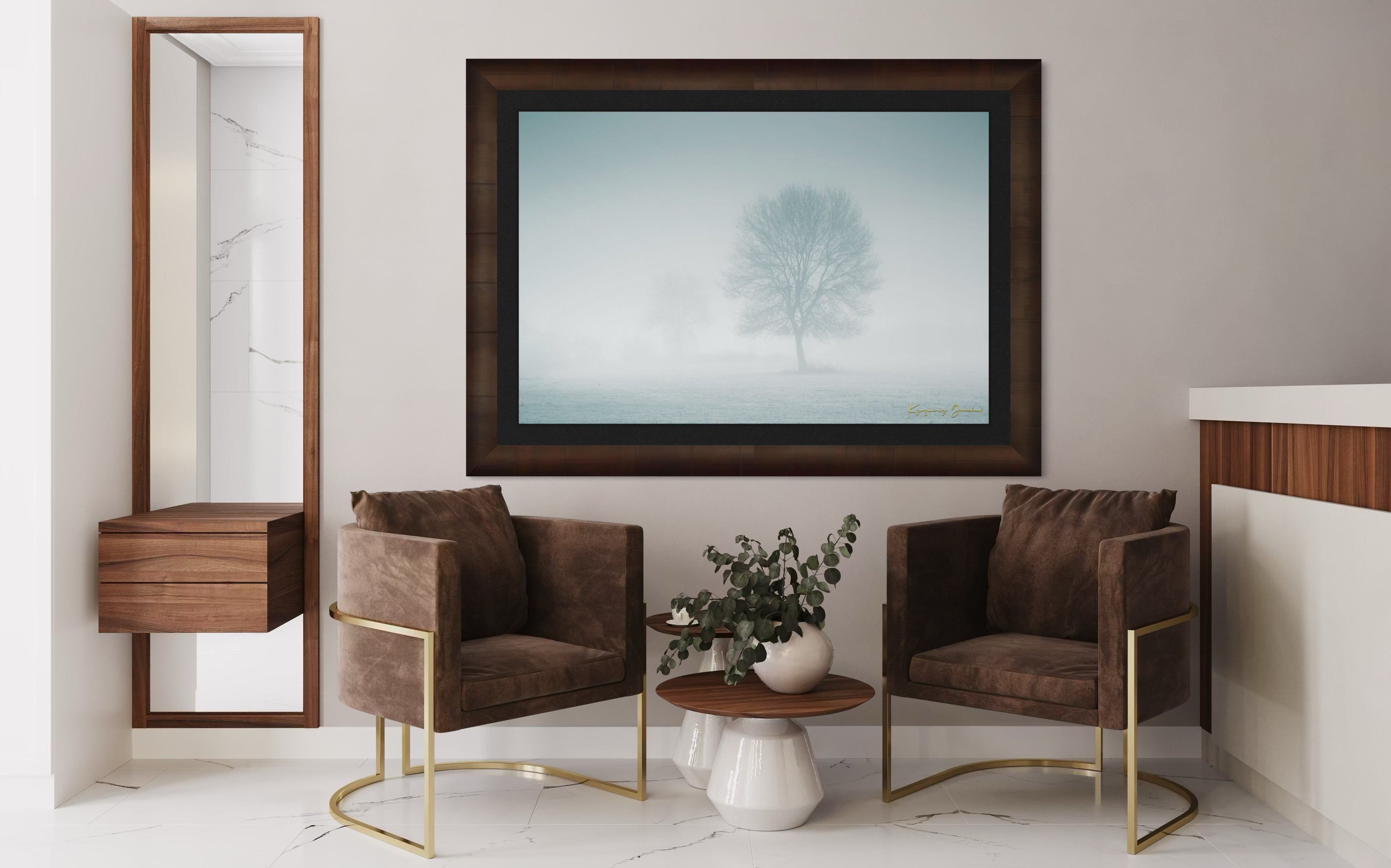 Solitary tree emerging from fog in Begliktash Valley near Primorsko at dawn. #Finish_Roma Cigar Leaf Frame & Dark Liner