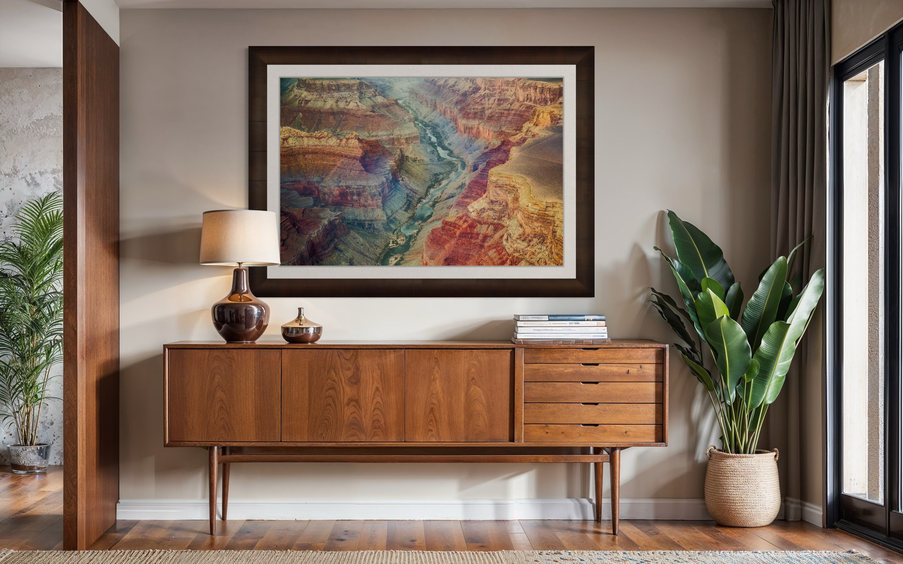 Colorful horizontal composition showing mineral-rich strata and river path across the Grand Canyon’s layered landscape. #Finish_Roma Cigar Leaf Frame & Bright Liner