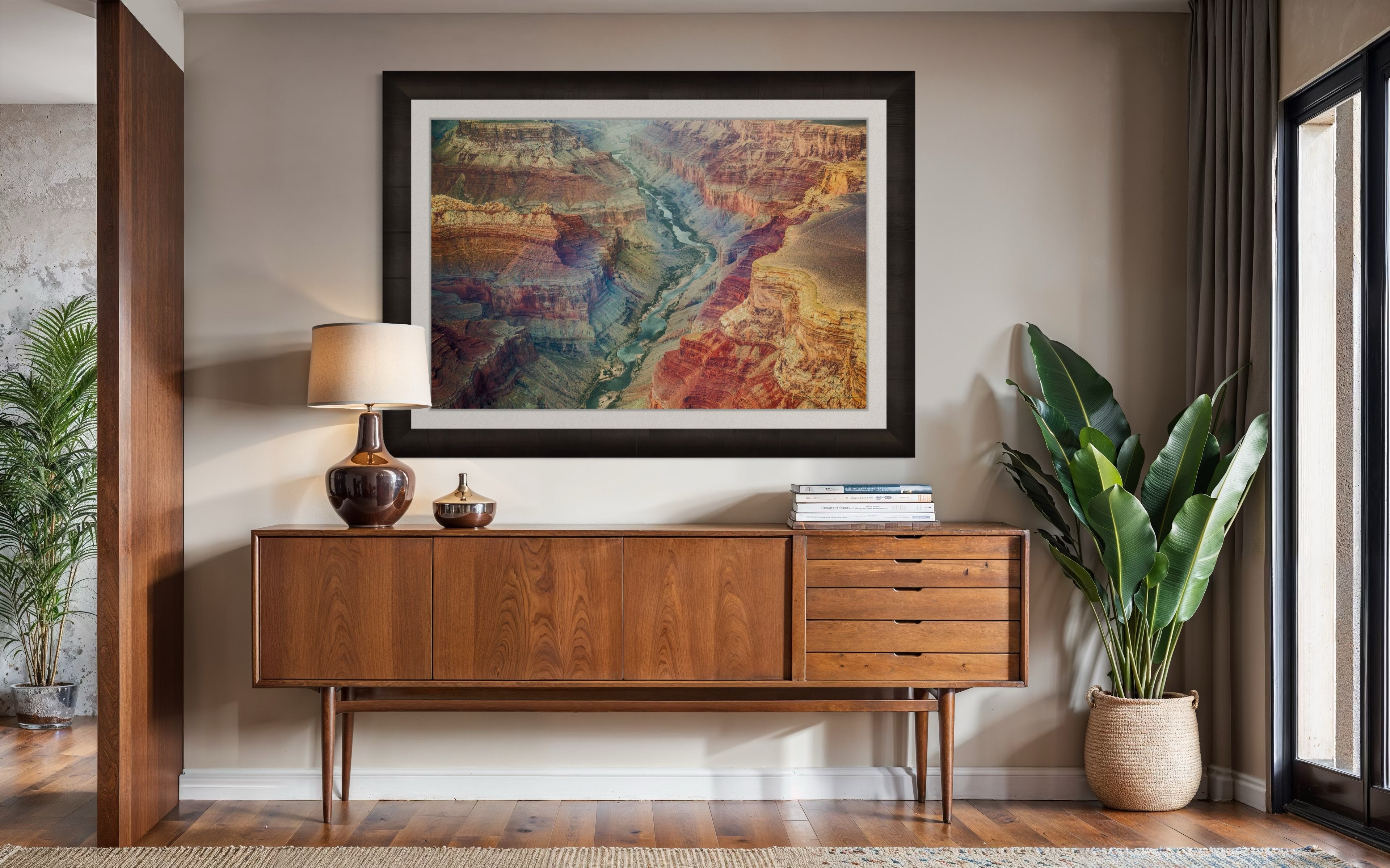 Colorful horizontal composition showing mineral-rich strata and river path across the Grand Canyon’s layered landscape. #Finish_Roma Dark Ash Frame & Bright Liner
