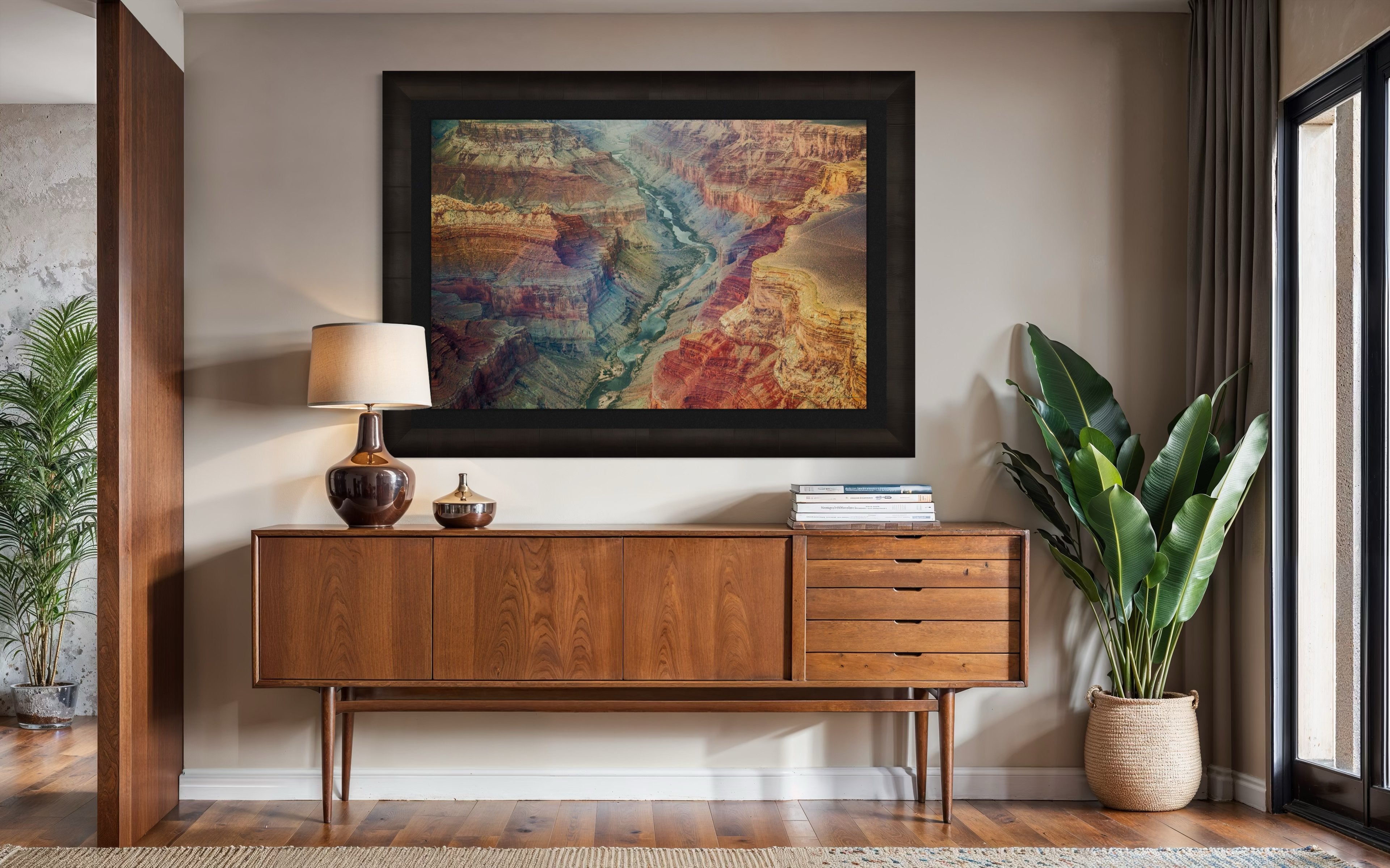 Colorful horizontal composition showing mineral-rich strata and river path across the Grand Canyon’s layered landscape. #Finish_Roma Dark Ash Frame & Dark Liner