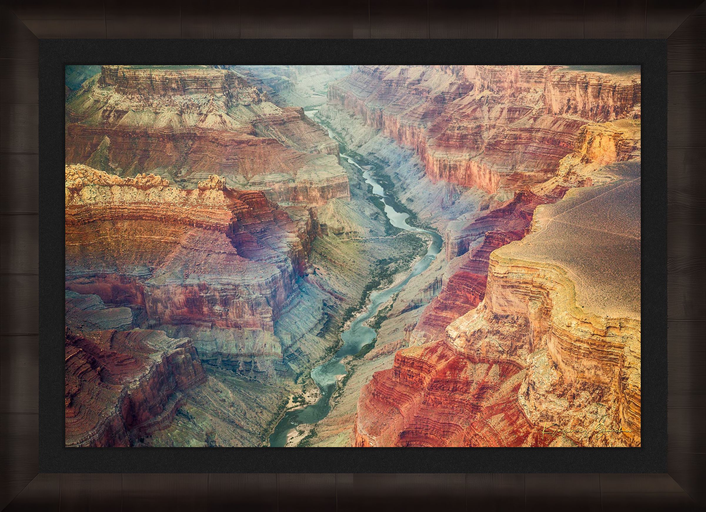 Colorful horizontal composition showing mineral-rich strata and river path across the Grand Canyon’s layered landscape. #Finish_Roma Dark Ash Frame & Dark Liner