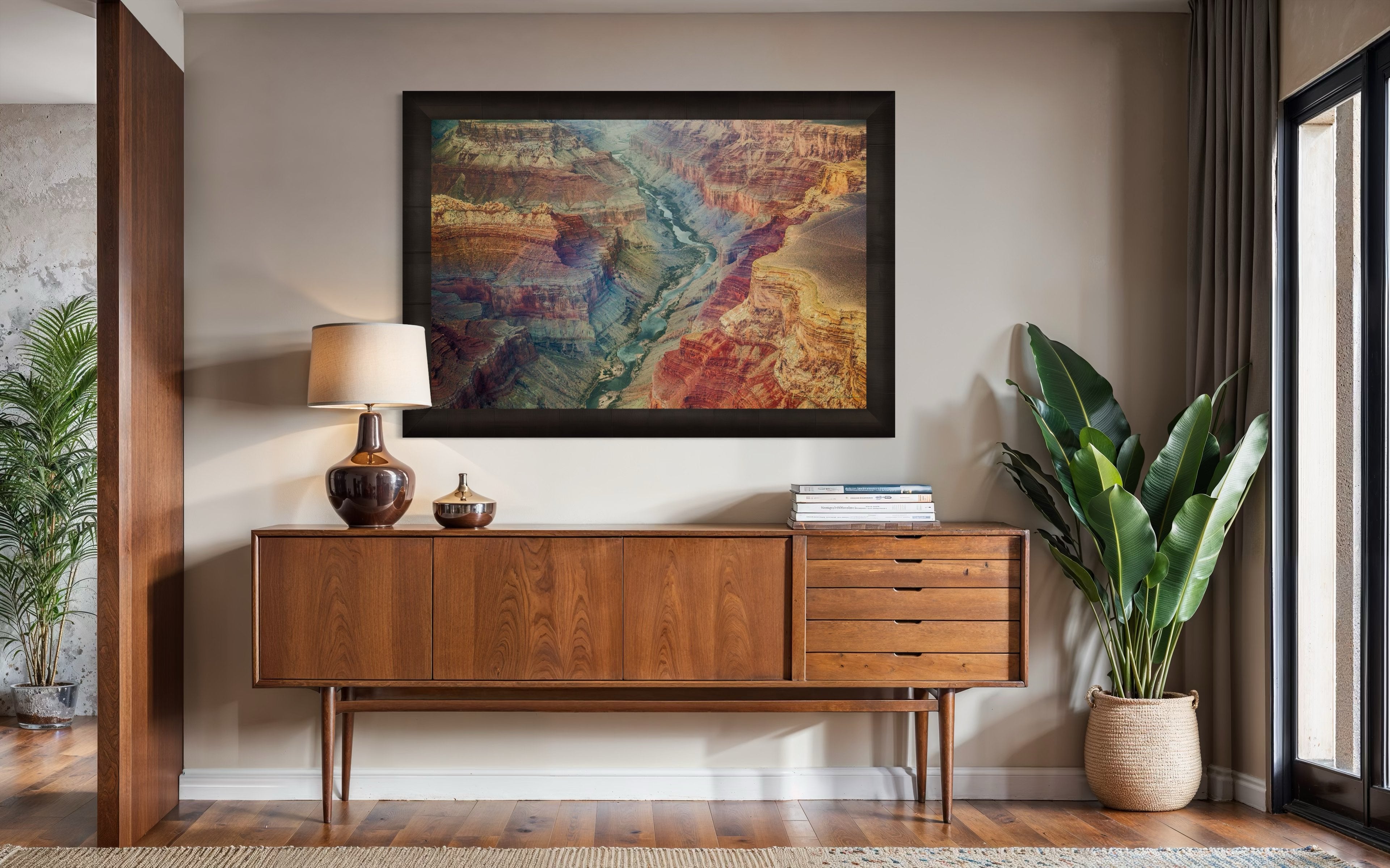 Colorful horizontal composition showing mineral-rich strata and river path across the Grand Canyon’s layered landscape. #Finish_Roma Dark Ash Frame