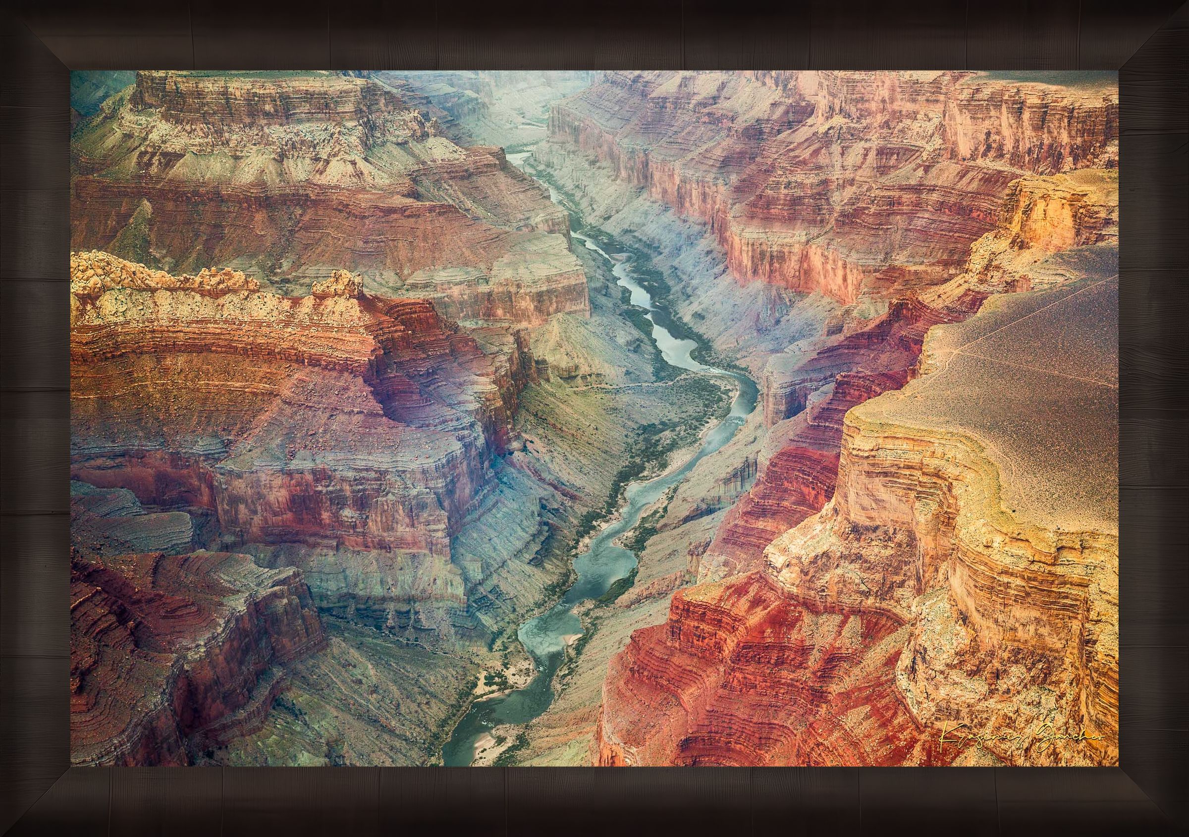 Colorful horizontal composition showing mineral-rich strata and river path across the Grand Canyon’s layered landscape. #Finish_Roma Dark Ash Frame