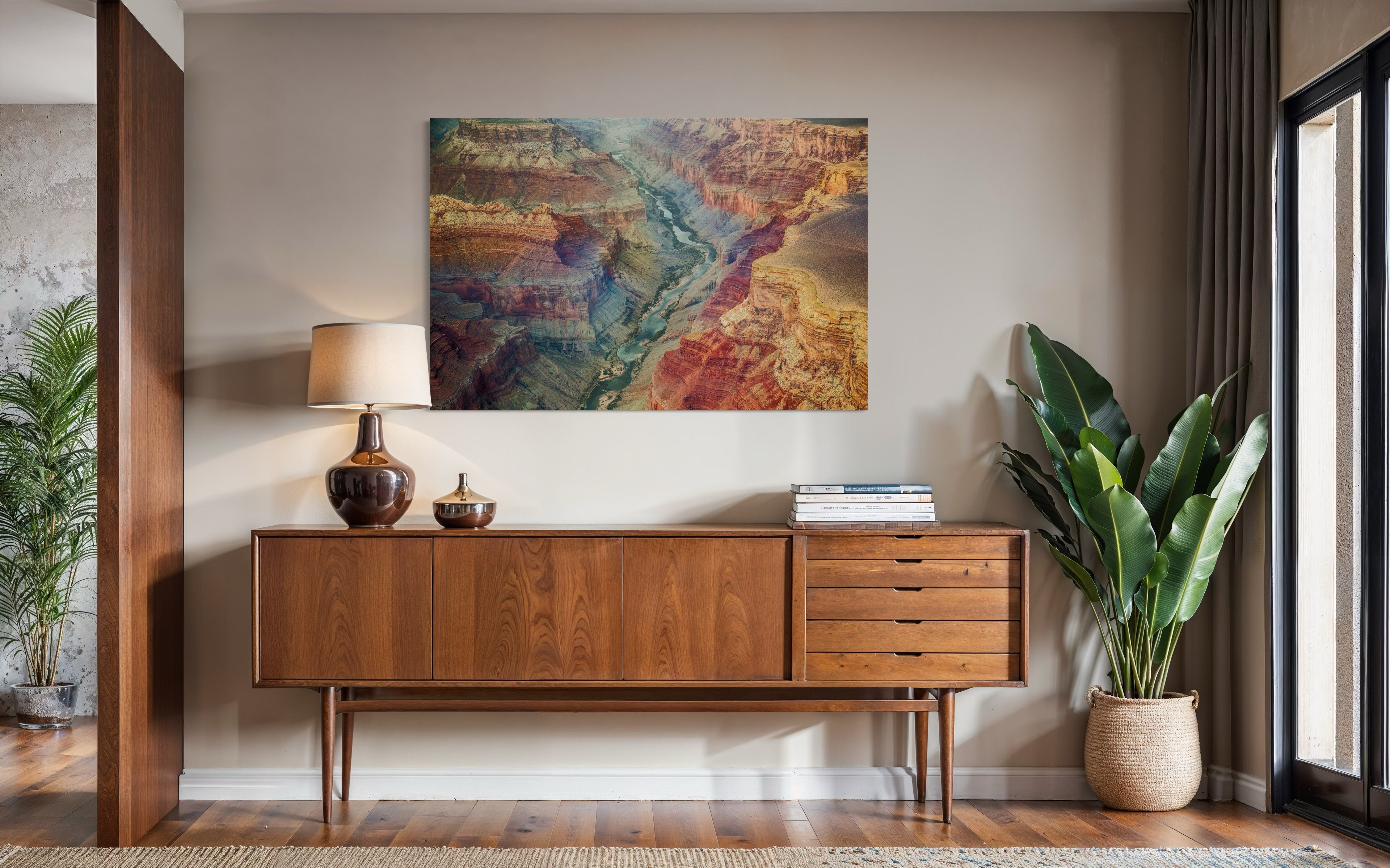 Colorful horizontal composition showing mineral-rich strata and river path across the Grand Canyon’s layered landscape. #Finish_Acrylic Recess