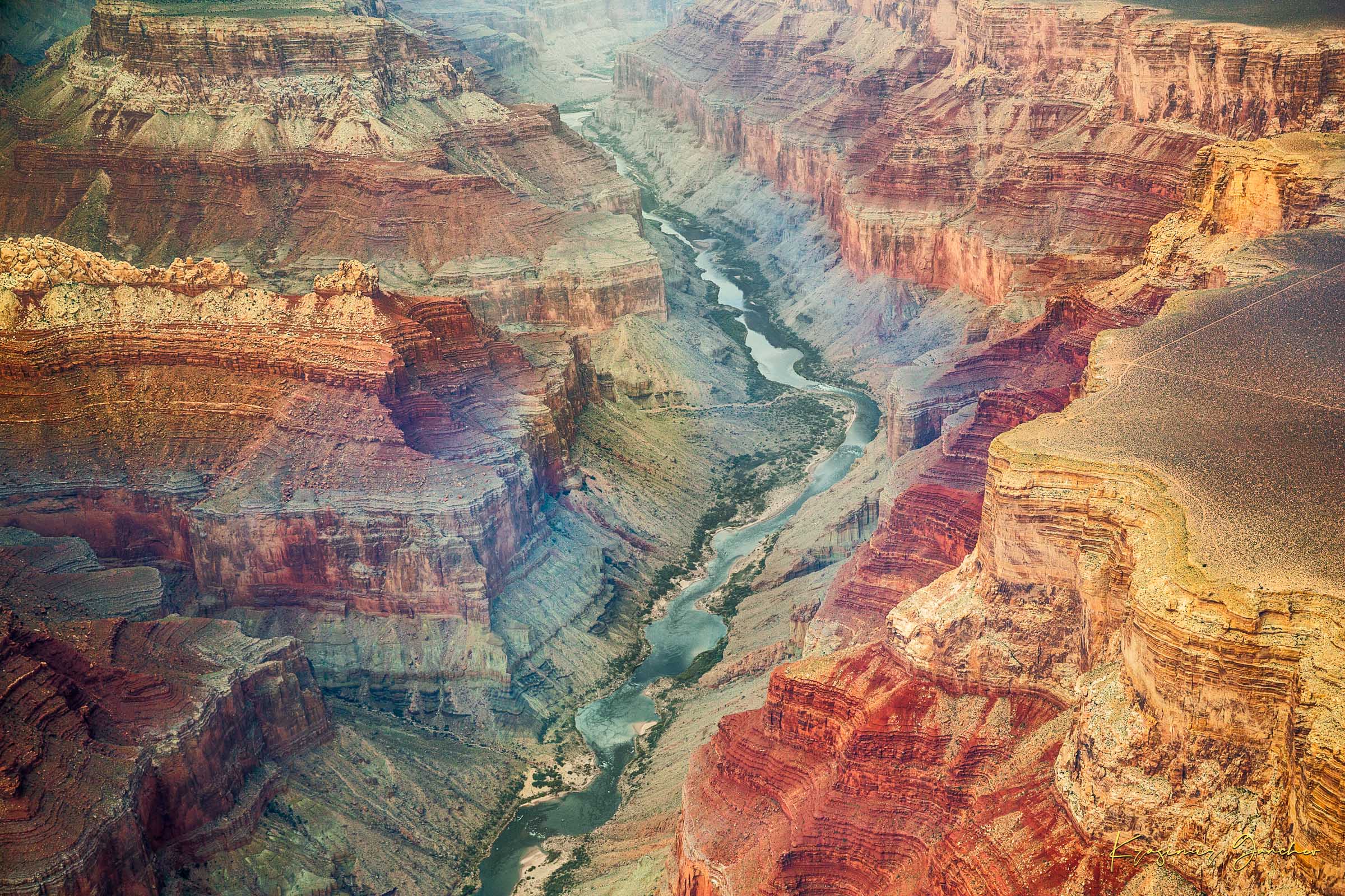 Colorful horizontal composition showing mineral-rich strata and river path across the Grand Canyon’s layered landscape. #Finish_Acrylic Recess
