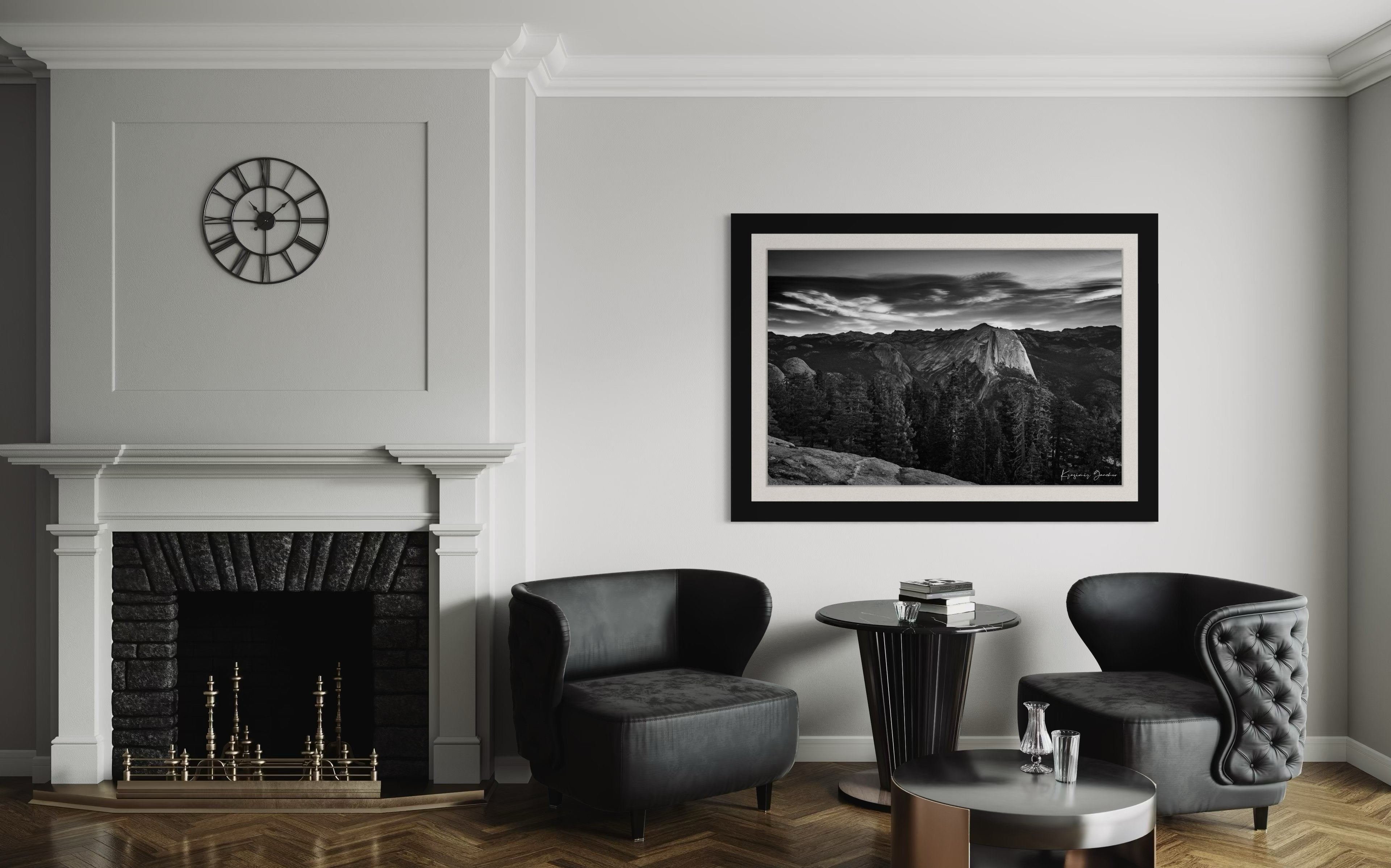 Half Dome monolith during sunrise in Yosemite National Park, dramatic clouds and stark tones. #Finish_Roma Satin Black Frame & Bright Liner