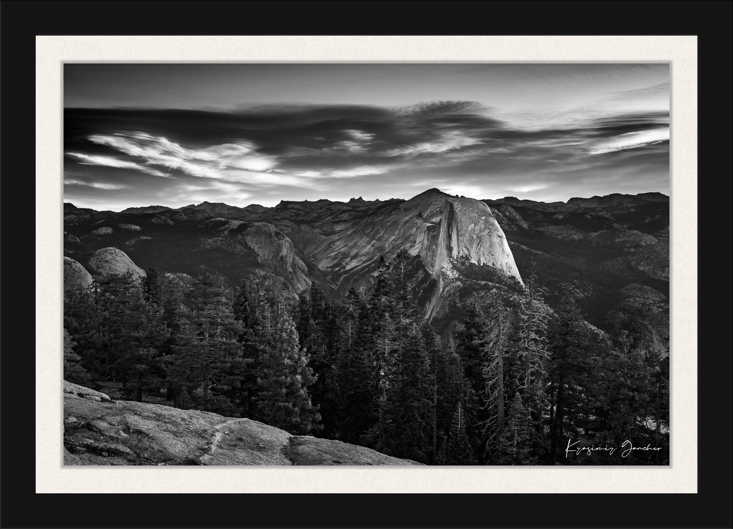 Half Dome monolith during sunrise in Yosemite National Park, dramatic clouds and stark tones. #Finish_Roma Satin Black Frame & Bright Liner