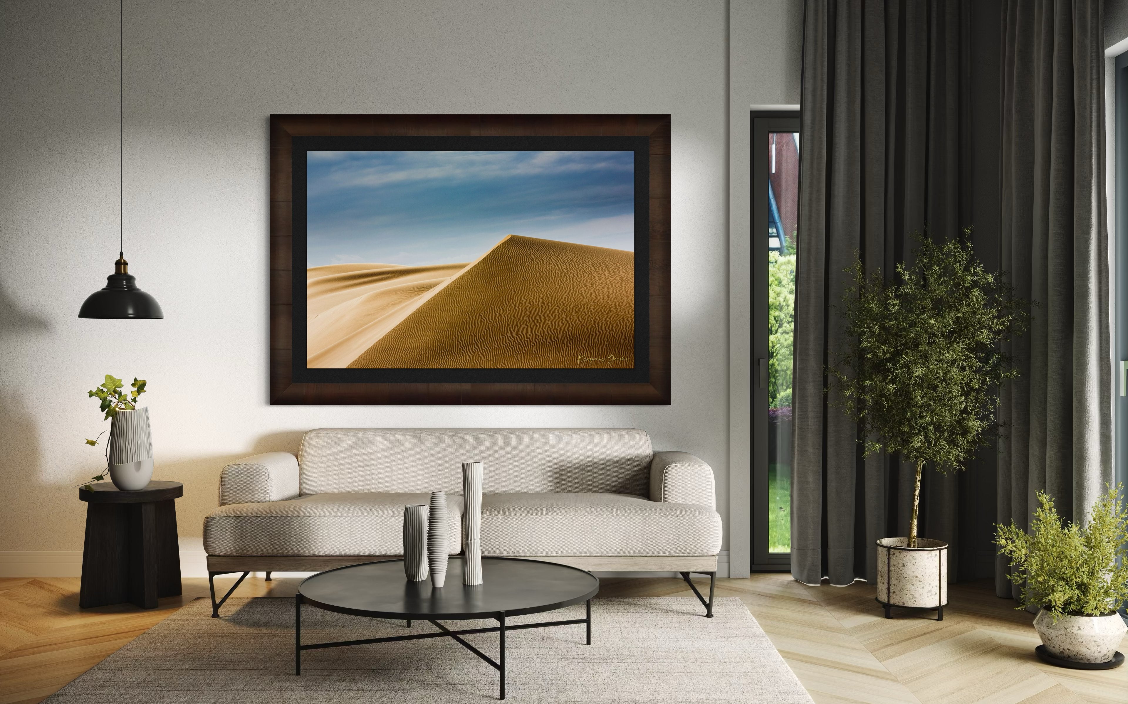 Expansive sand dune terrain at Brawley with subtle textures and color variations from natural sunlight. #Finish_Roma Cigar Leaf Frame & Dark Liner