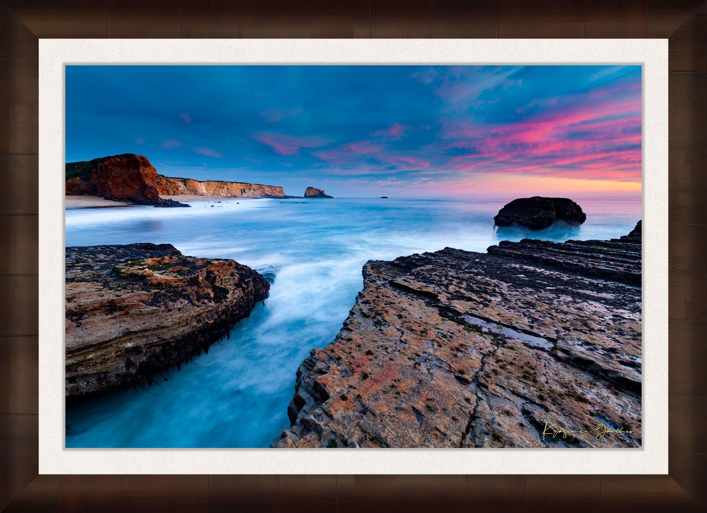 Sunset at Panther Beach, Santa Cruz featuring cliffs and waves beneath colorful clouds. #Finish_Roma Cigar Leaf Frame & Bright Liner