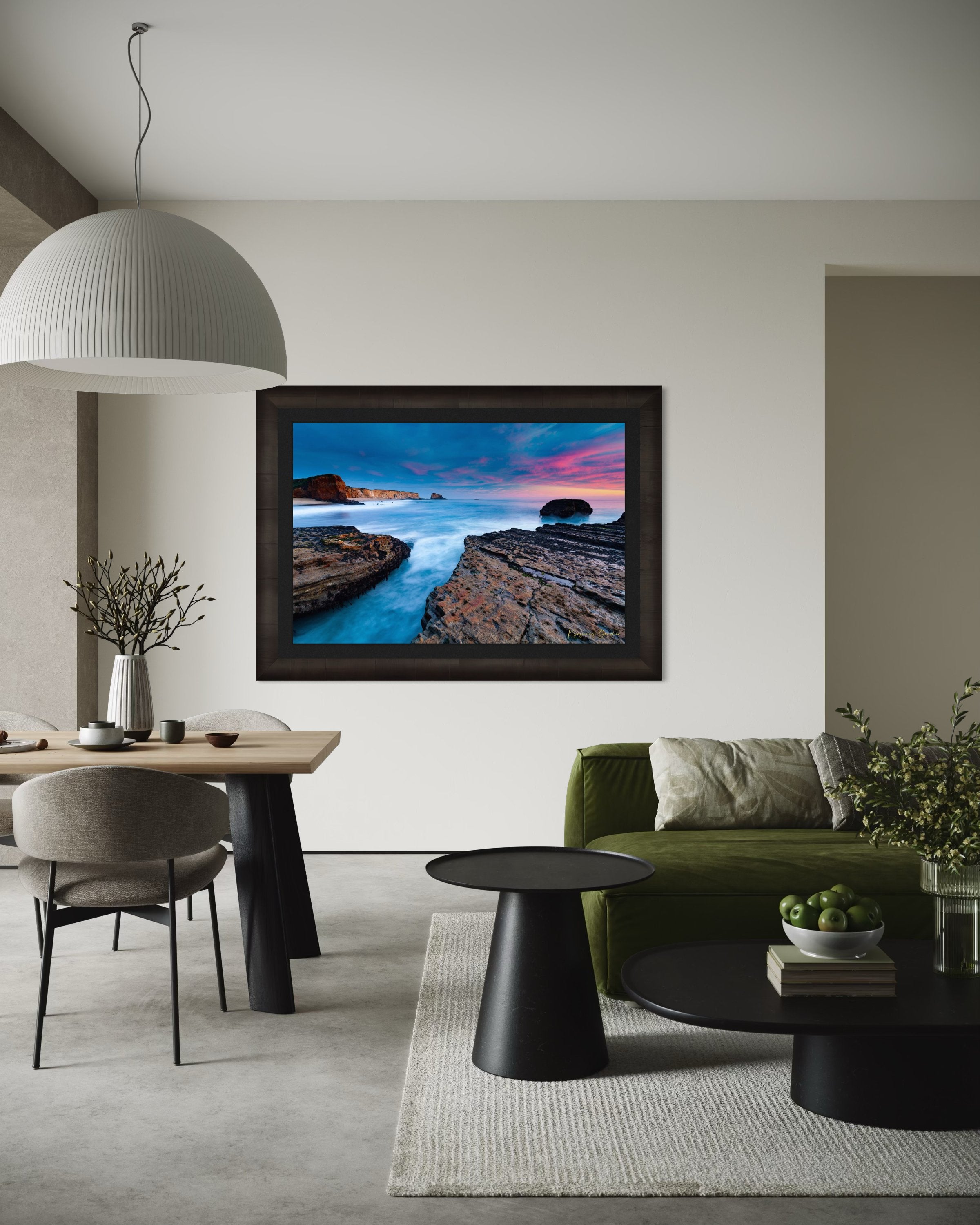 Sunset at Panther Beach, Santa Cruz featuring cliffs and waves beneath colorful clouds. #Finish_Roma Dark Ash Frame & Dark Liner