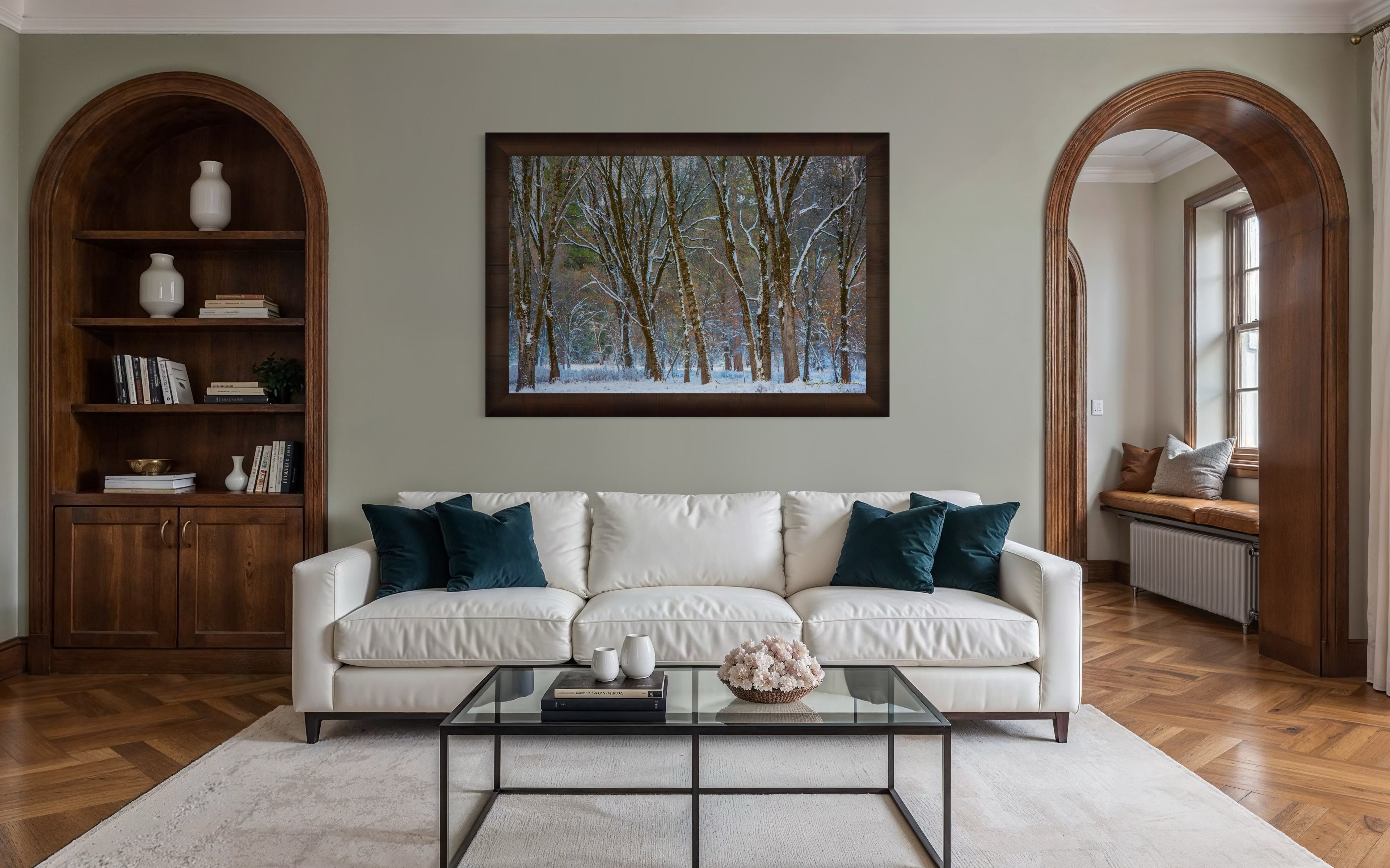 Snow-laden pine trees in Yosemite Valley bathed in soft daylight with fresh powder coating each branch and needle. #Finish_Roma Cigar Leaf Frame