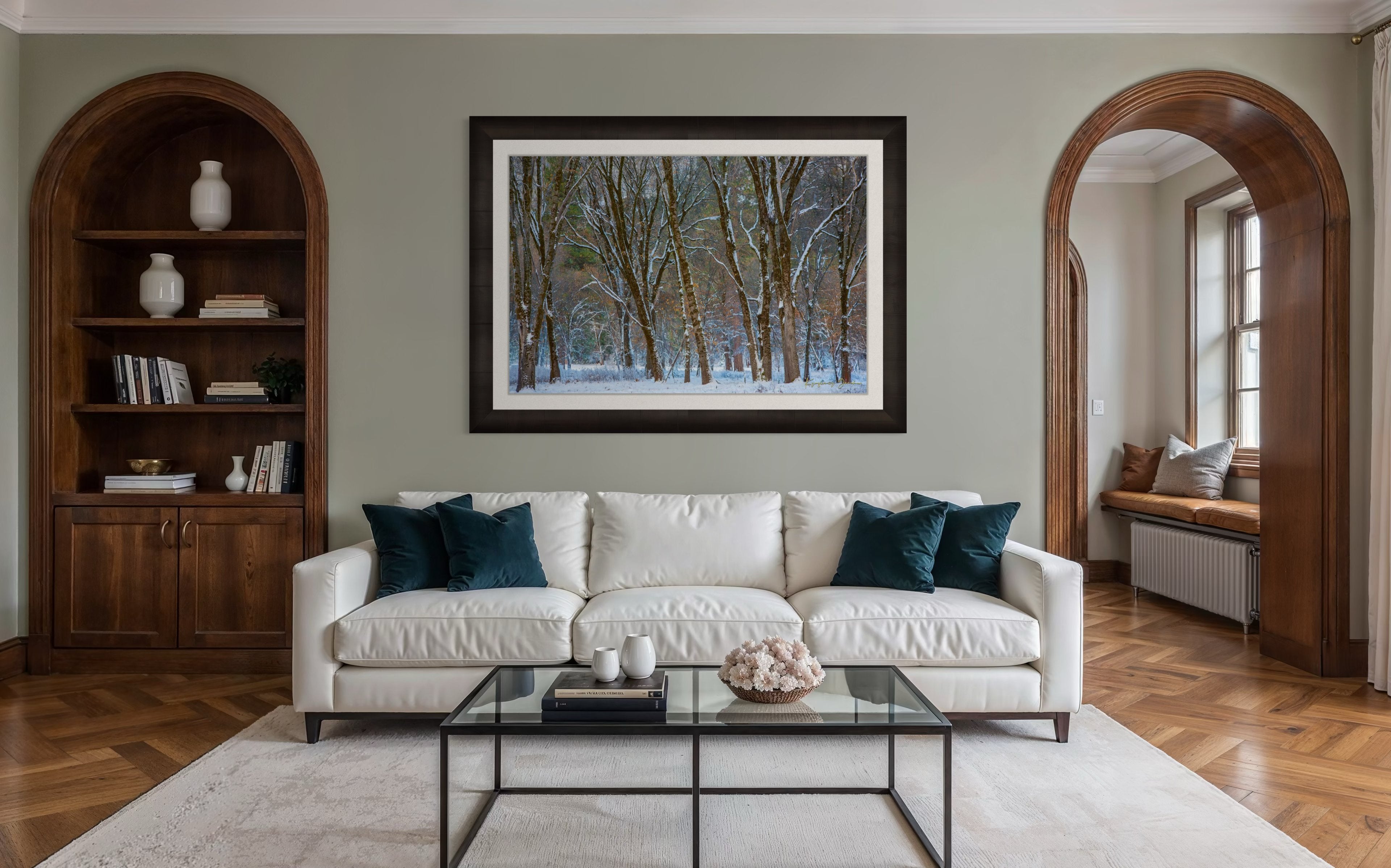 Snow-laden pine trees in Yosemite Valley bathed in soft daylight with fresh powder coating each branch and needle. #Finish_Roma Dark Ash Frame & Bright Liner