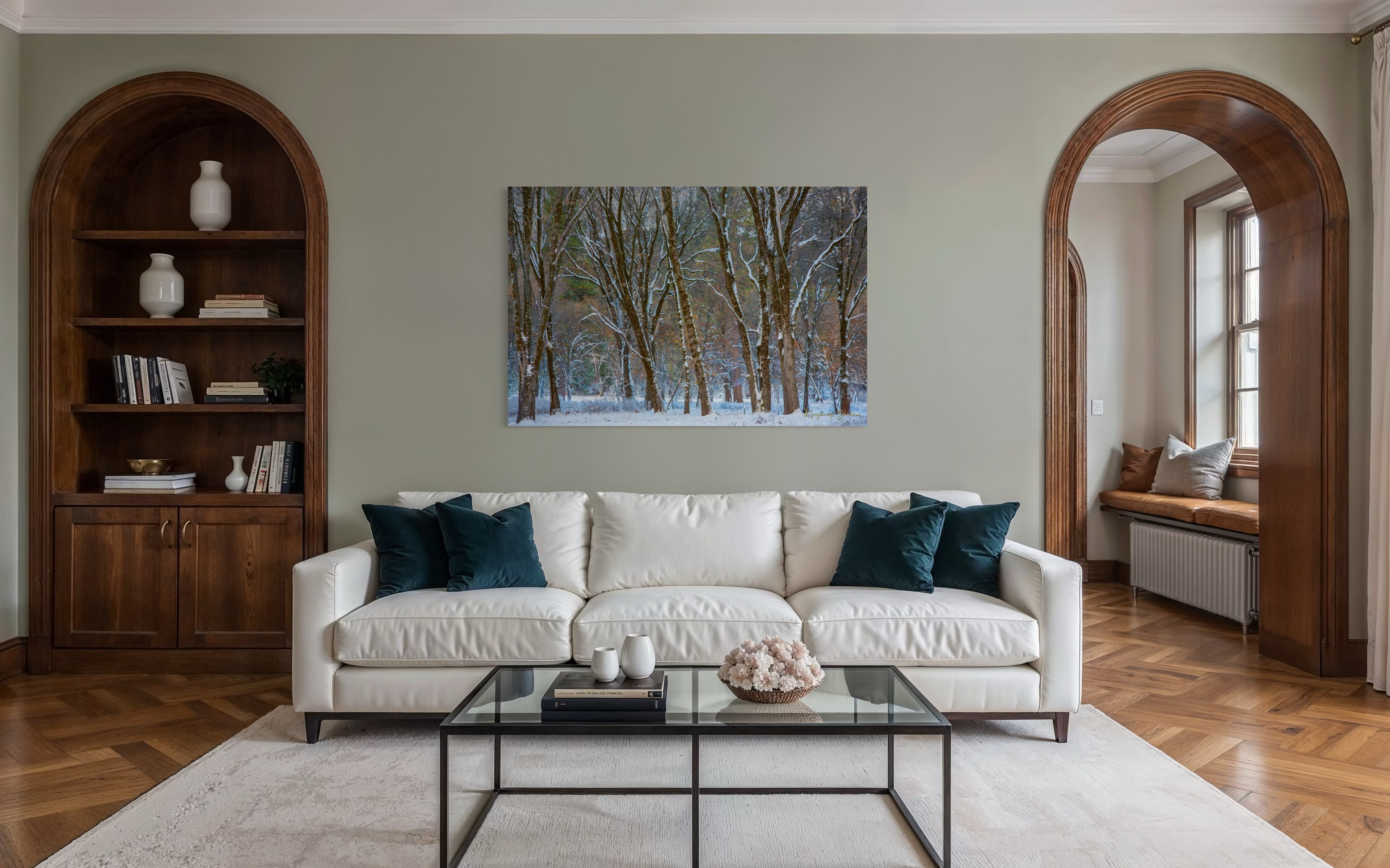 Snow-laden pine trees in Yosemite Valley bathed in soft daylight with fresh powder coating each branch and needle. #Finish_Acrylic Recess