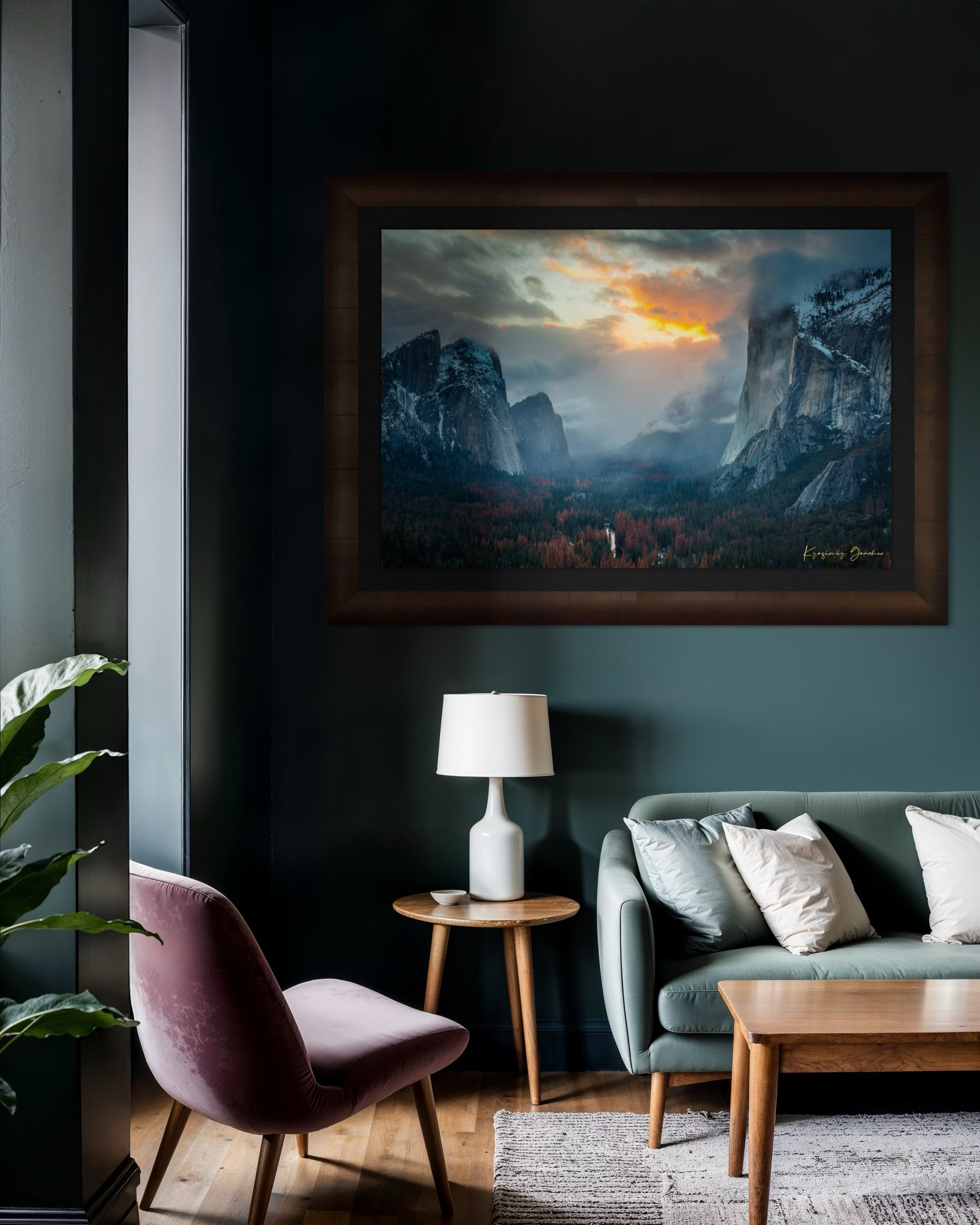 Yosemite Valley viewed from reverse tunnel view with dramatic El Capitan granite face and Merced River flowing through the valley. #Finish_Roma Cigar Leaf Frame & Dark Liner