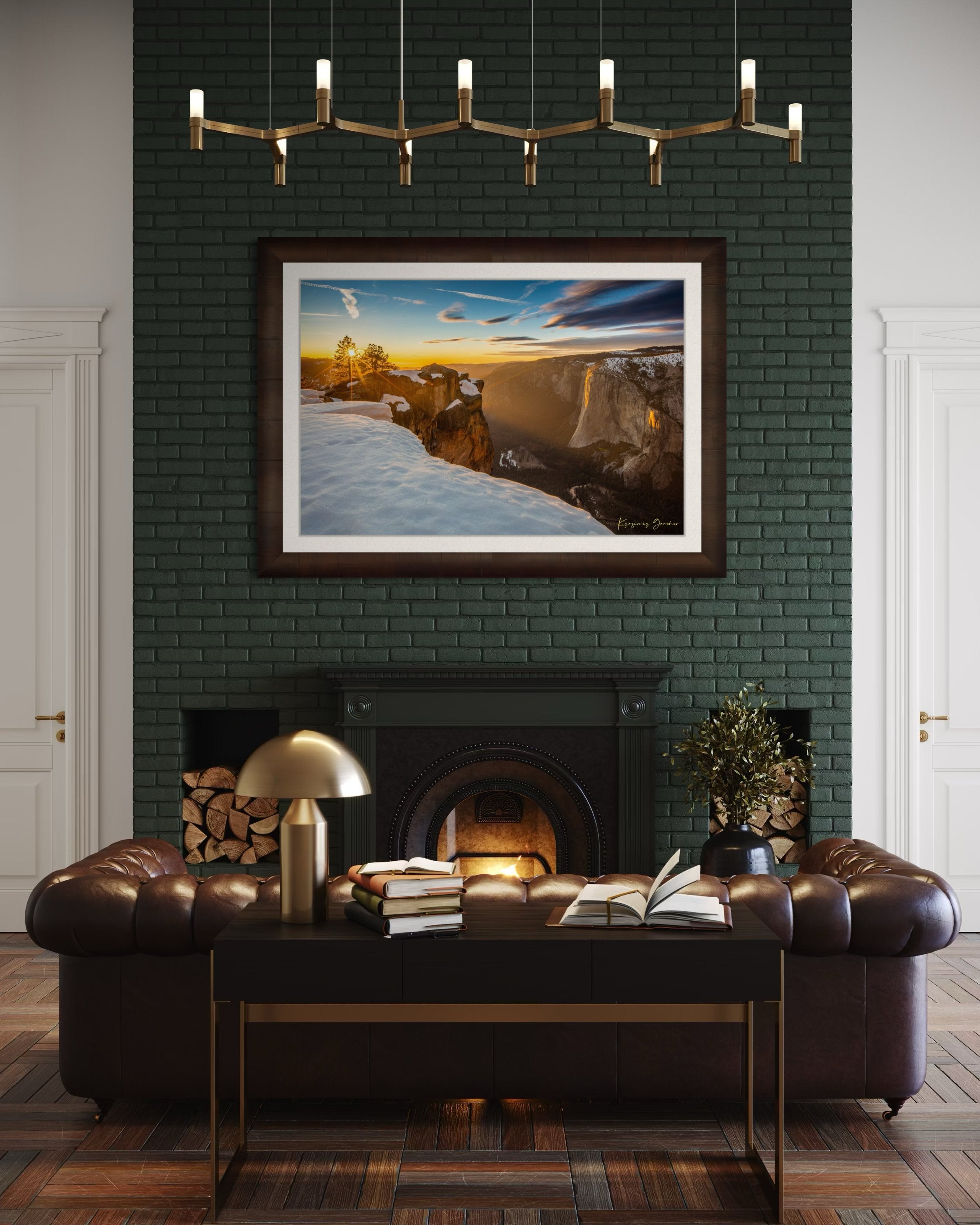 Alpine summit of El Capitan in Yosemite National Park at dawn, golden light through rock fissures over a snowfield. #Finish_Roma Cigar Leaf Frame & Bright Liner