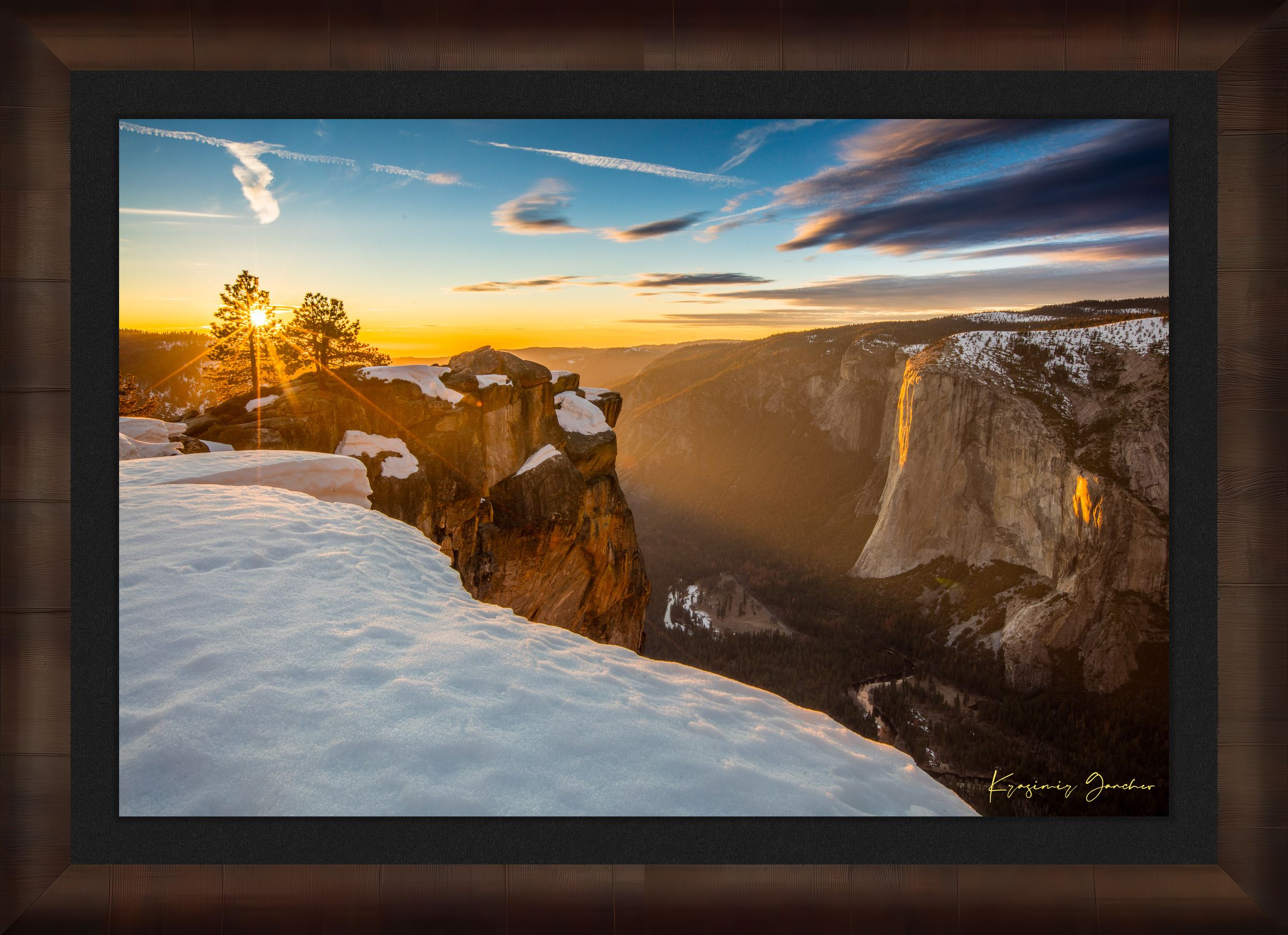 Alpine summit of El Capitan in Yosemite National Park at dawn, golden light through rock fissures over a snowfield. #Finish_Roma Cigar Leaf Frame & Dark Liner
