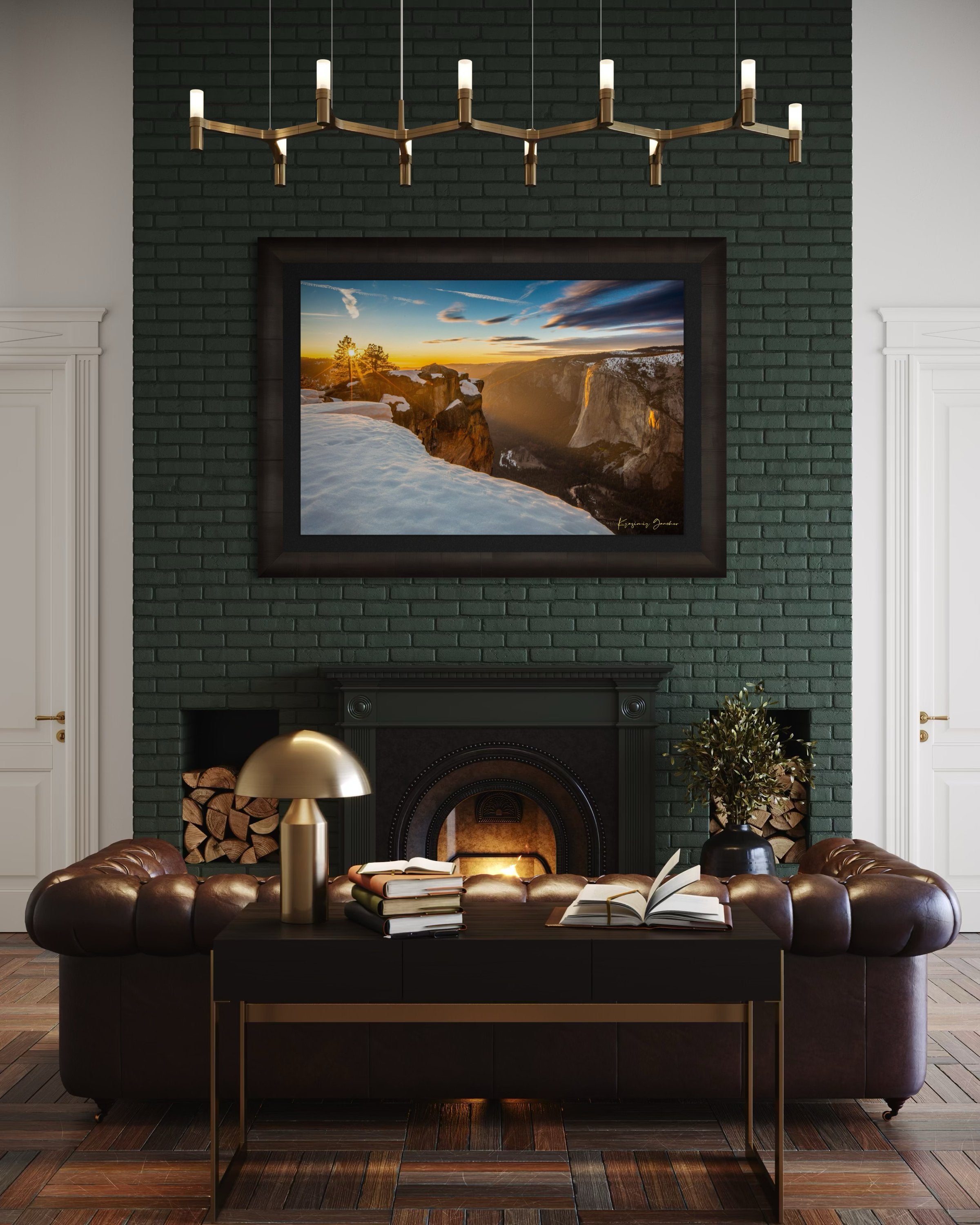 Alpine summit of El Capitan in Yosemite National Park at dawn, golden light through rock fissures over a snowfield. #Finish_Roma Dark Ash Frame & Dark Liner