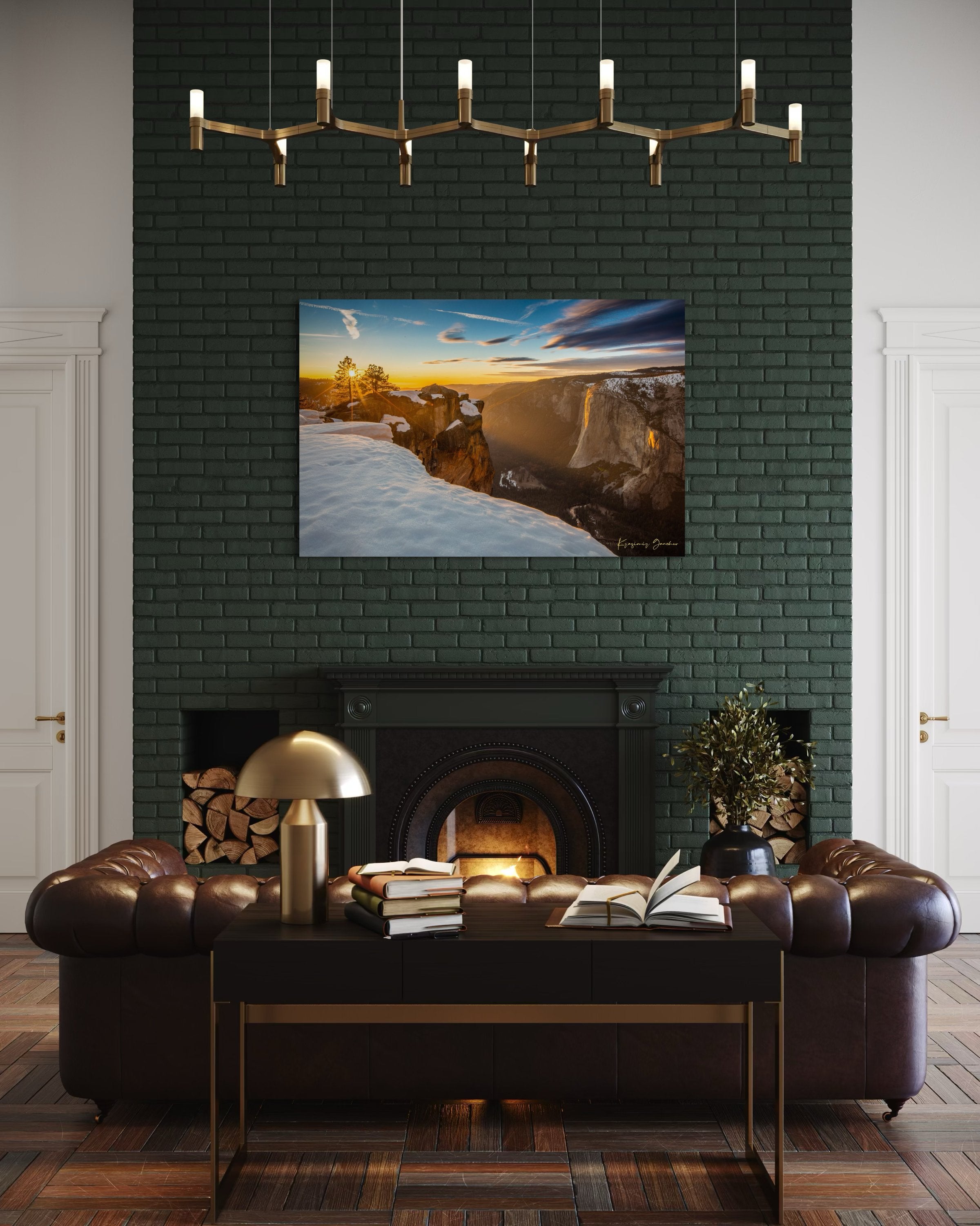 Alpine summit of El Capitan in Yosemite National Park at dawn, golden light through rock fissures over a snowfield. #Finish_Acrylic Recess