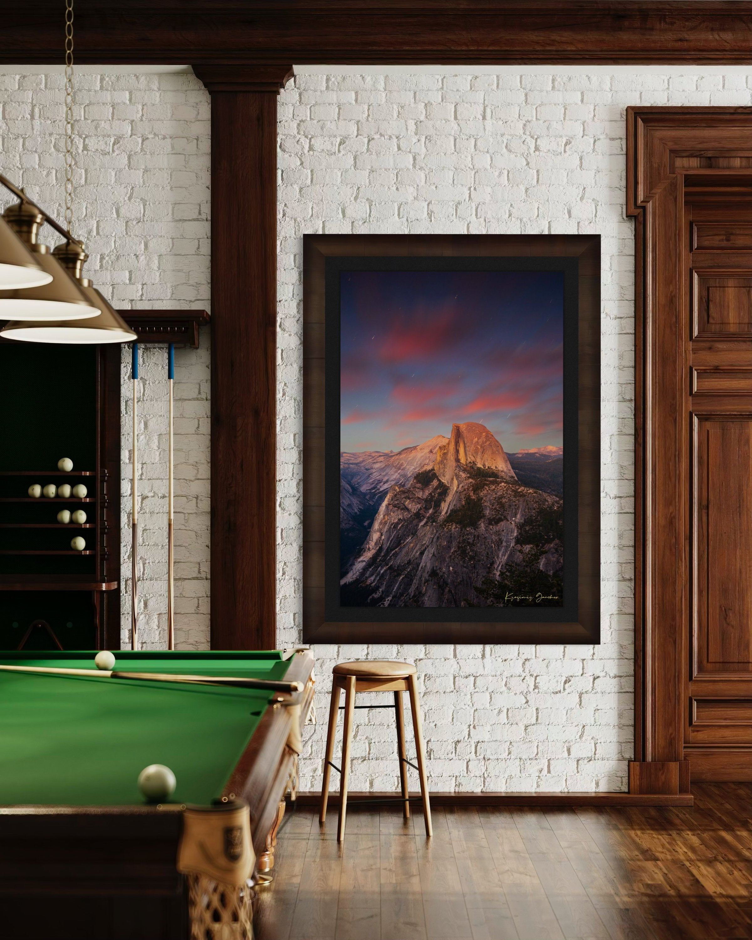 Granite monolith of Half Dome illuminated by dusk and stars, set against a sky filled with star trails above Yosemite National Park. #Finish_Roma Cigar Leaf Frame & Dark Liner