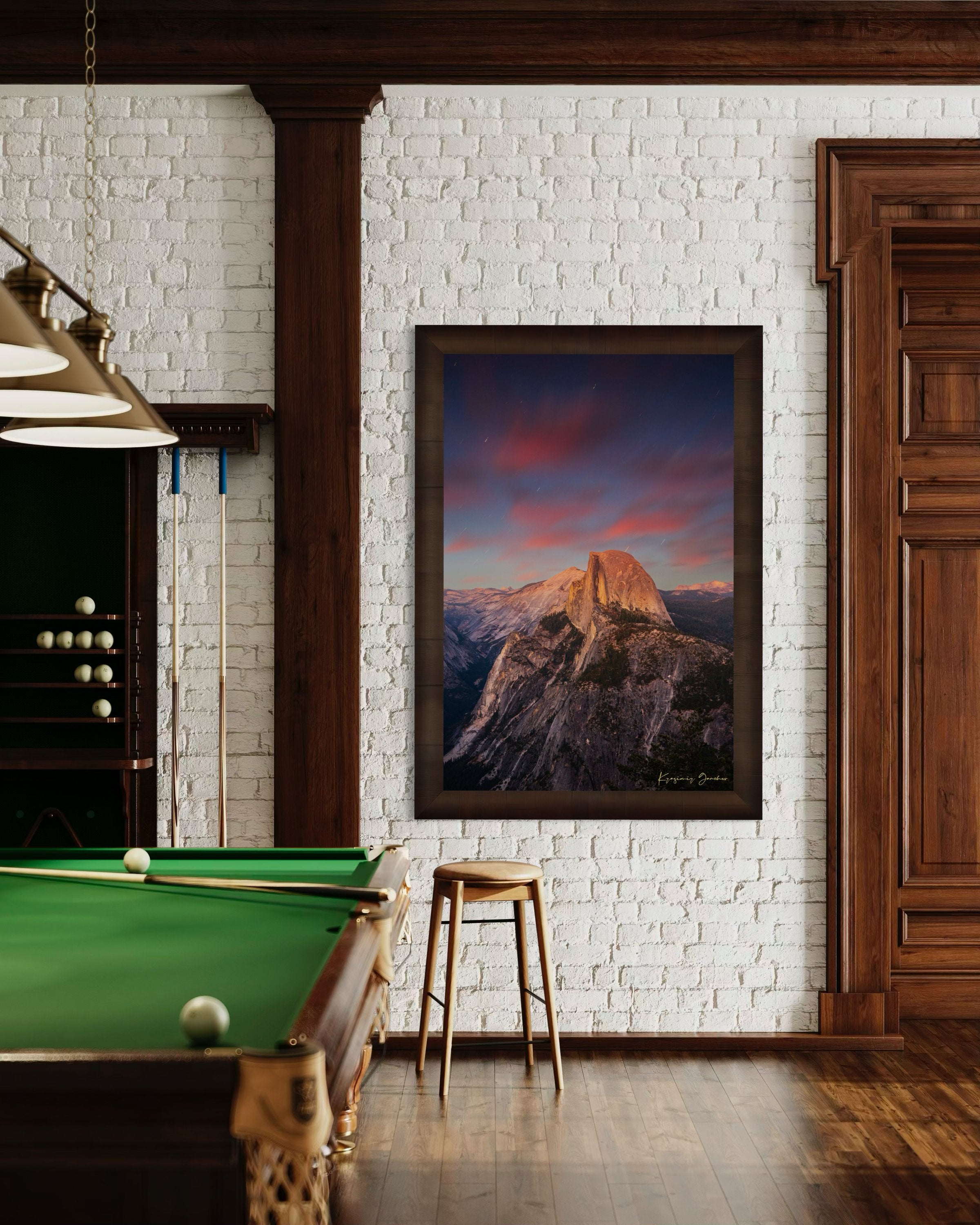 Granite monolith of Half Dome illuminated by dusk and stars, set against a sky filled with star trails above Yosemite National Park. #Finish_Roma Cigar Leaf Frame