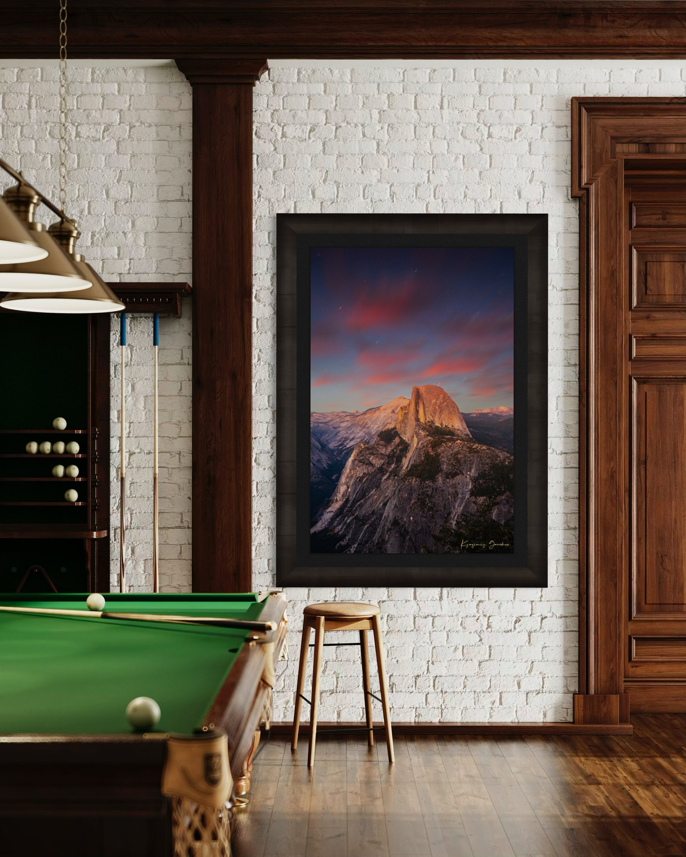 Granite monolith of Half Dome illuminated by dusk and stars, set against a sky filled with star trails above Yosemite National Park. #Finish_Roma Dark Ash Frame & Dark Liner