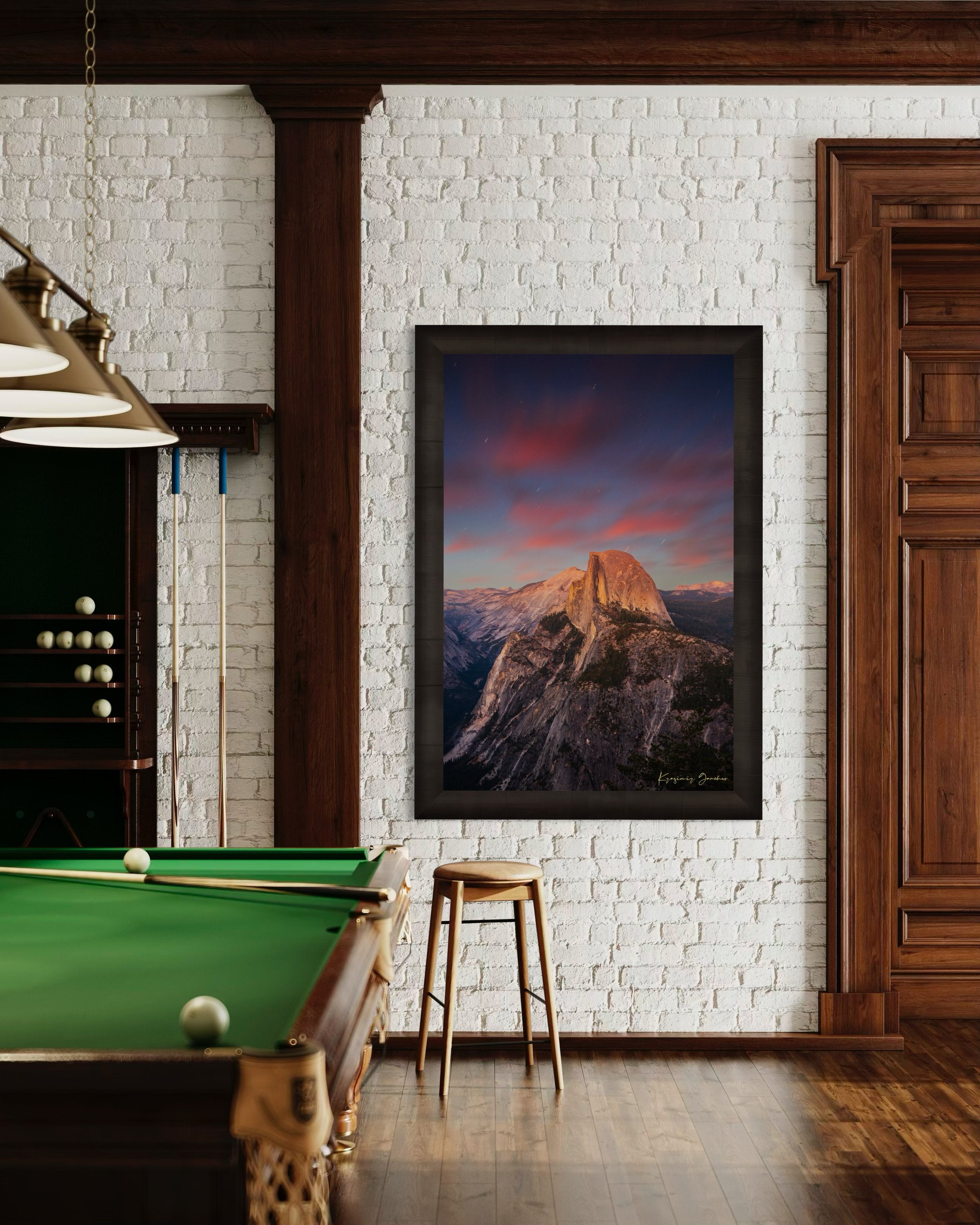 Granite monolith of Half Dome illuminated by dusk and stars, set against a sky filled with star trails above Yosemite National Park. #Finish_Roma Dark Ash Frame