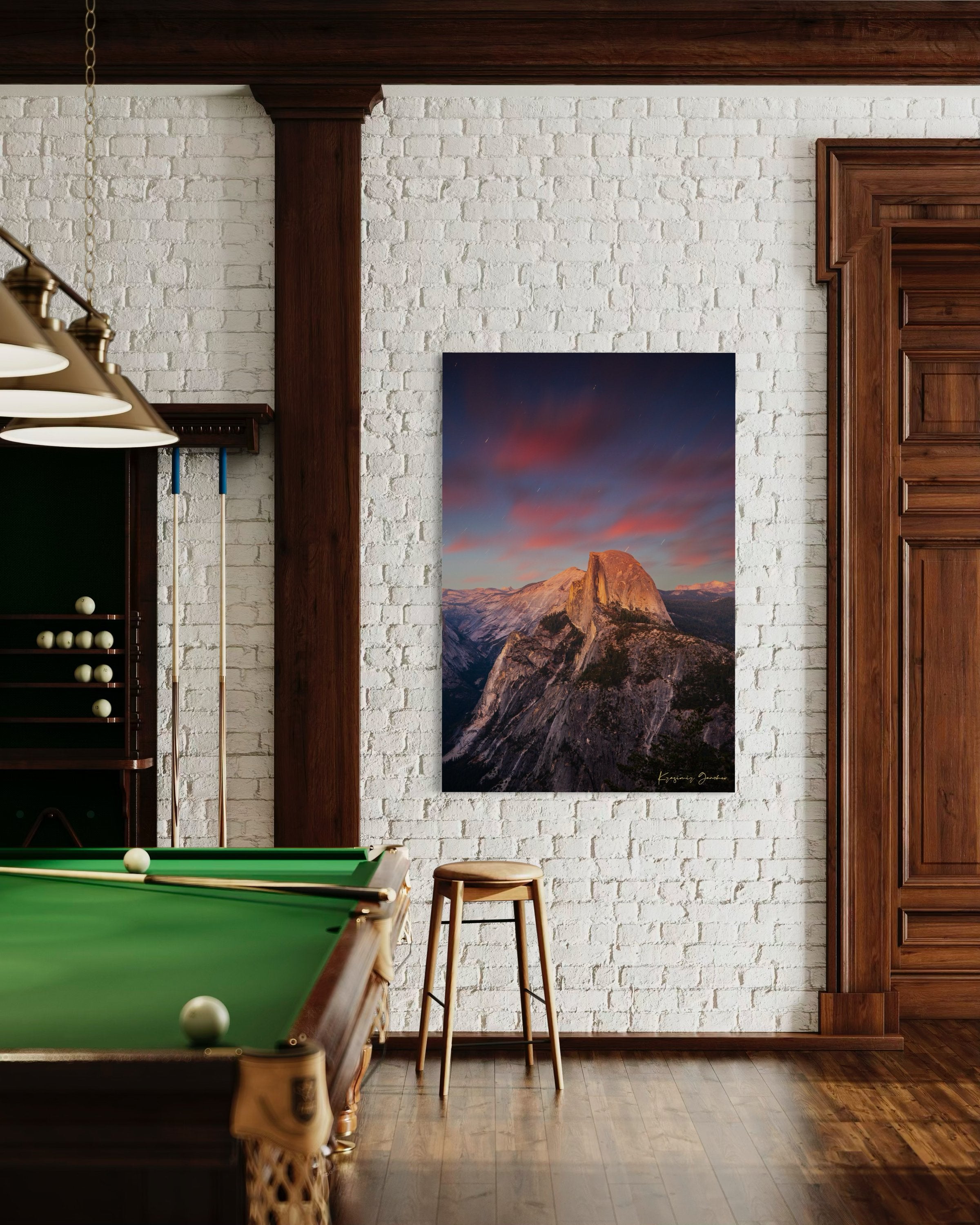 Granite monolith of Half Dome illuminated by dusk and stars, set against a sky filled with star trails above Yosemite National Park. #Finish_Acrylic Recess