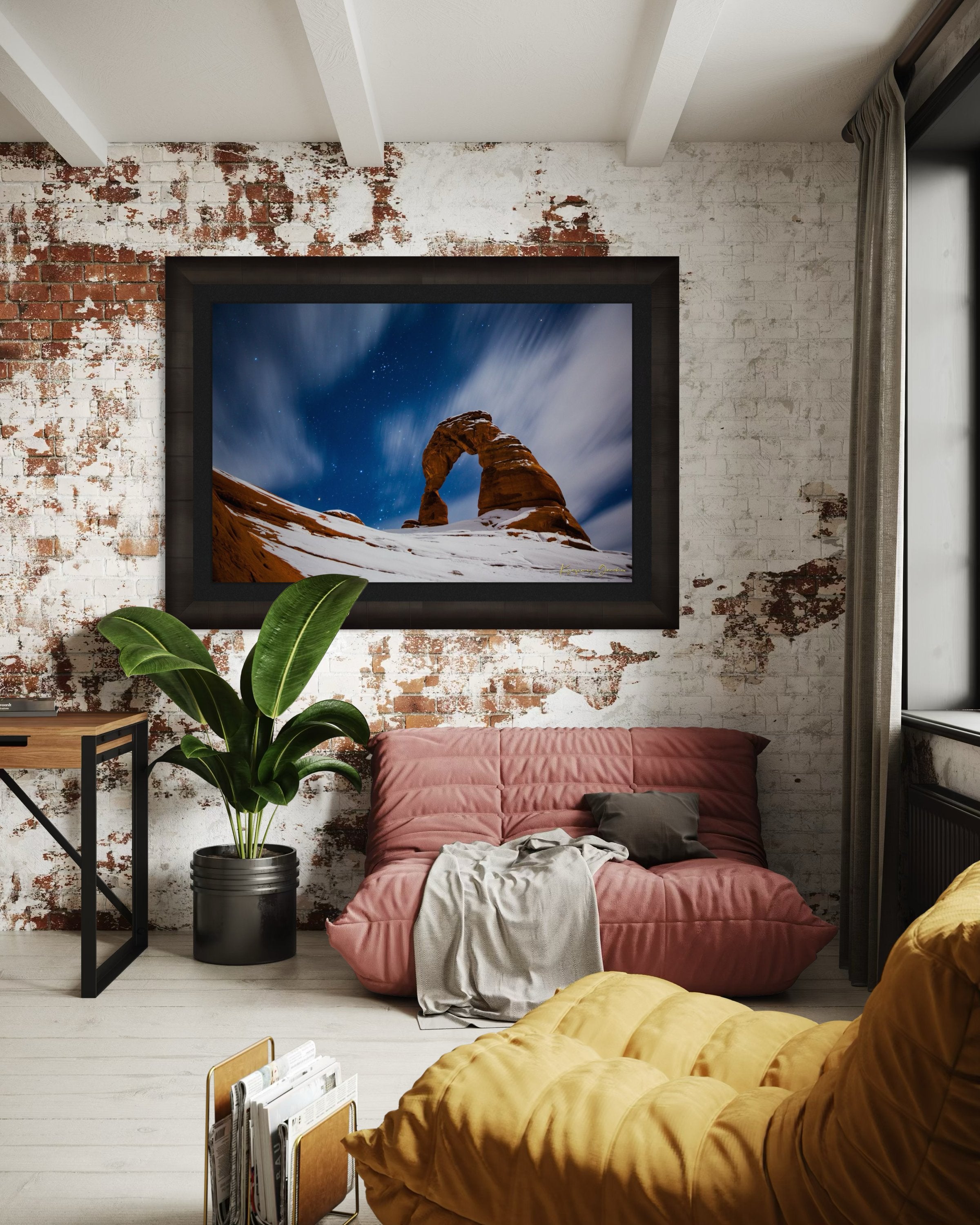 Iconic arch formation in Arches National Park captured during nighttime with starlight and light snow enhancing the serene desert scene. #Finish_Roma Dark Ash Frame & Dark Liner