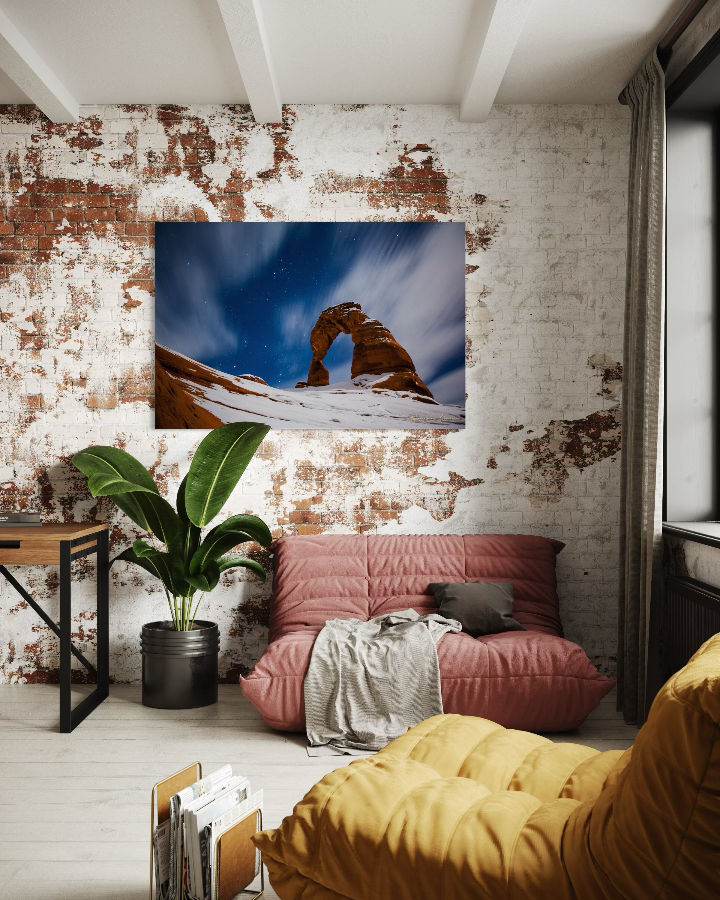 Iconic arch formation in Arches National Park captured during nighttime with starlight and light snow enhancing the serene desert scene. #Finish_Acrylic Recess