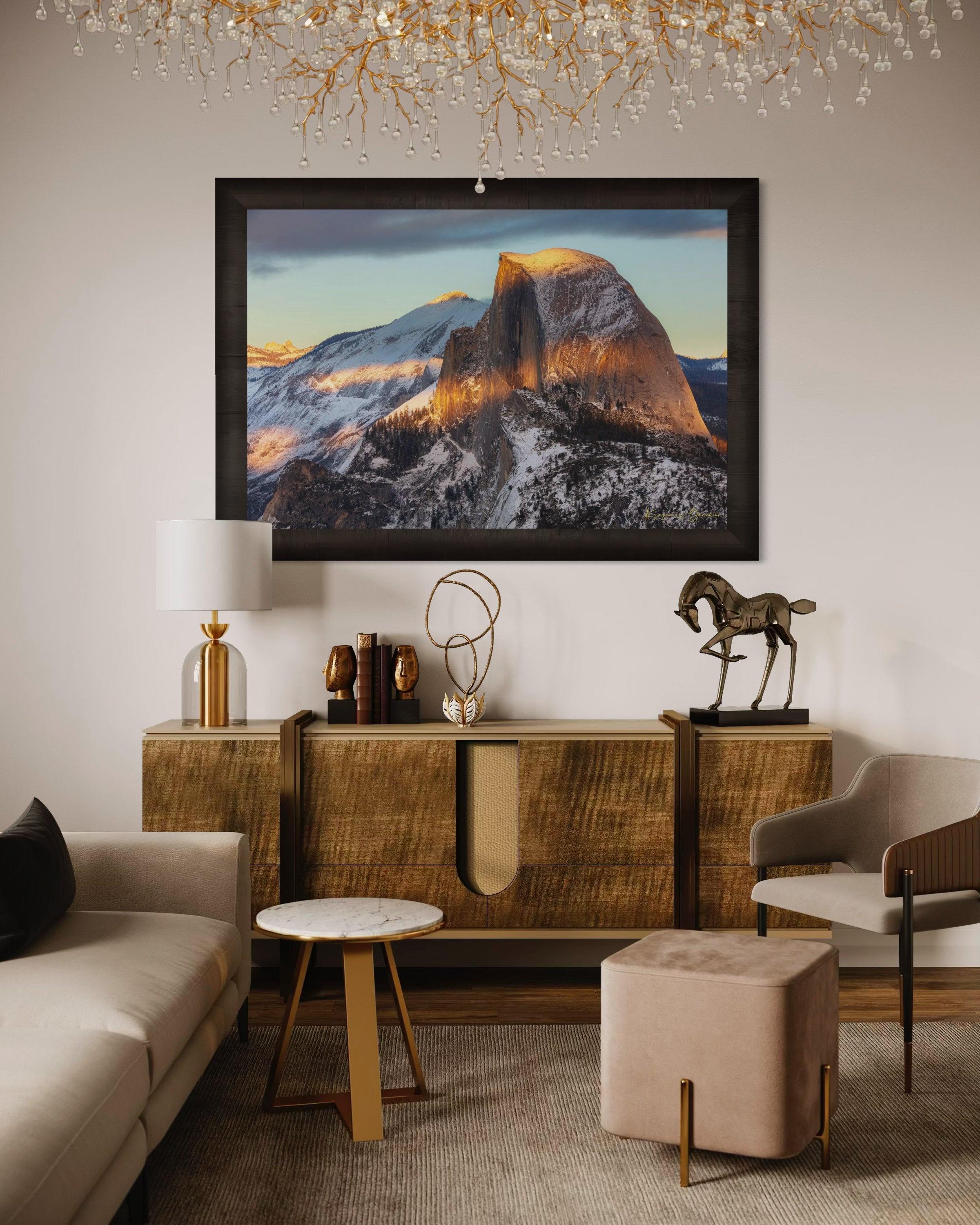 Half Dome monolith illuminated by golden sunset light amidst snow-covered peaks and clouds in Yosemite National Park. #Finish_Roma Dark Ash Frame