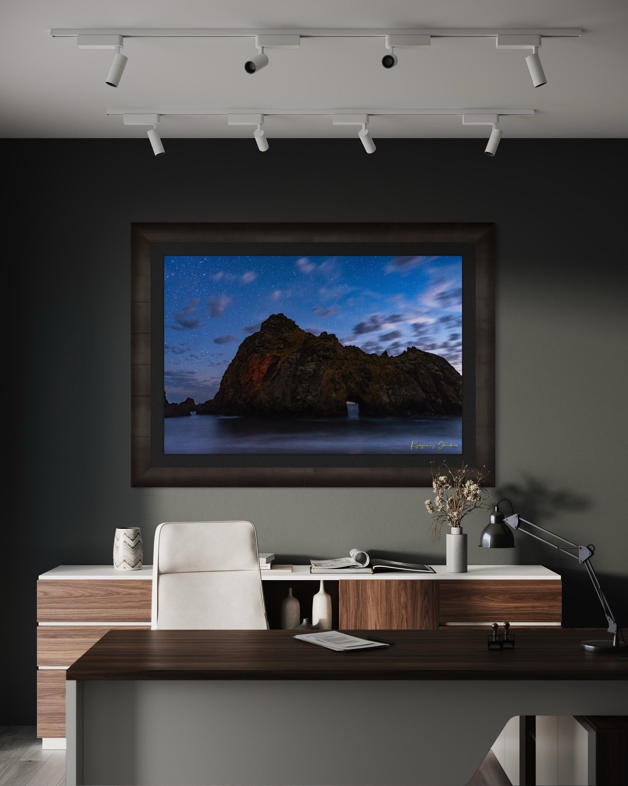 Keyhole Arch silhouette against a starry sky over the ocean at Pfeiffer Beach in Big Sur, California. #Finish_Roma Dark Ash Frame & Dark Liner