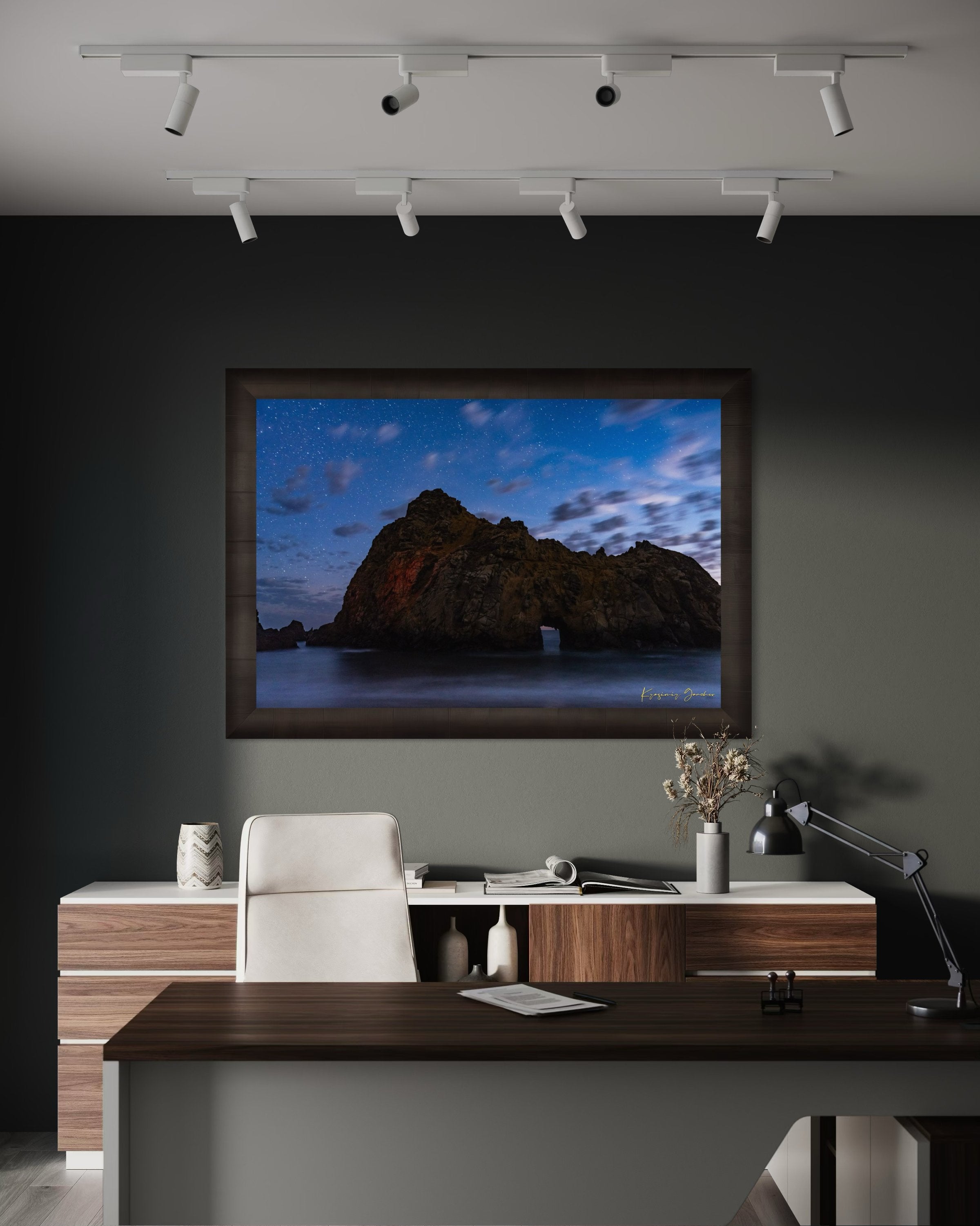 Keyhole Arch silhouette against a starry sky over the ocean at Pfeiffer Beach in Big Sur, California. #Finish_Roma Dark Ash Frame