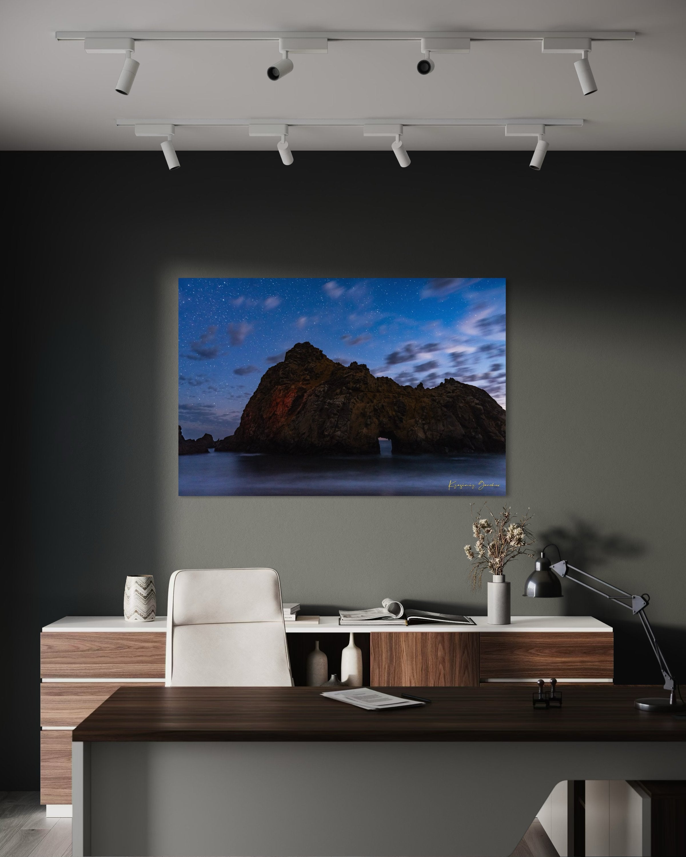 Keyhole Arch silhouette against a starry sky over the ocean at Pfeiffer Beach in Big Sur, California. #Finish_Acrylic Recess