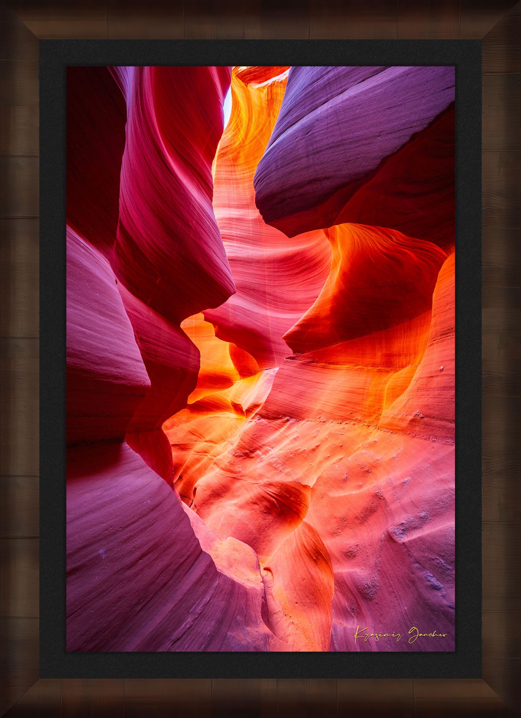 Sculpted sandstone canyon walls in Antelope Canyon, Page, illuminated by natural daylight. #Finish_Roma Cigar Leaf Frame & Dark Liner