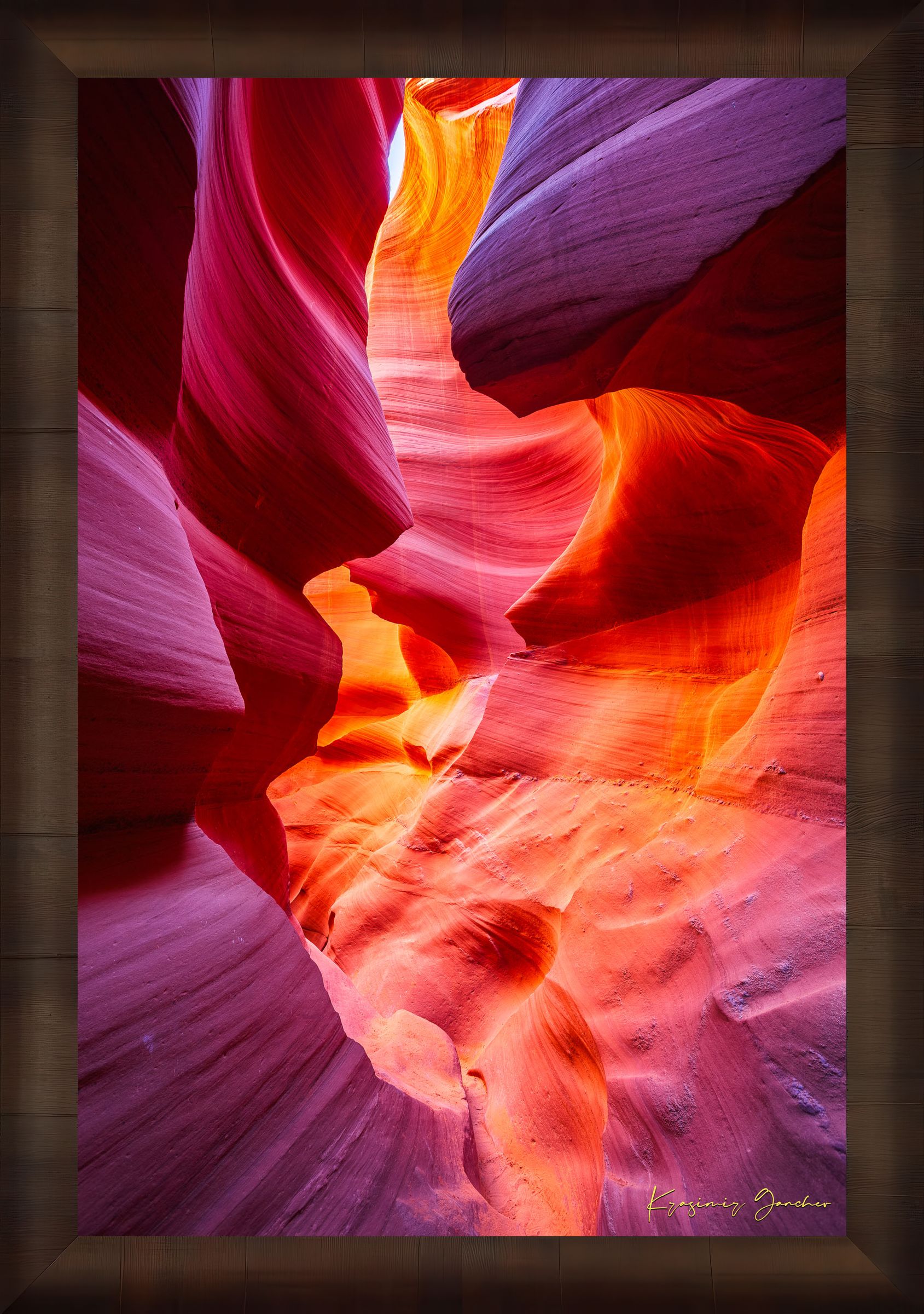 Sculpted sandstone canyon walls in Antelope Canyon, Page, illuminated by natural daylight. #Finish_Roma Cigar Leaf Frame