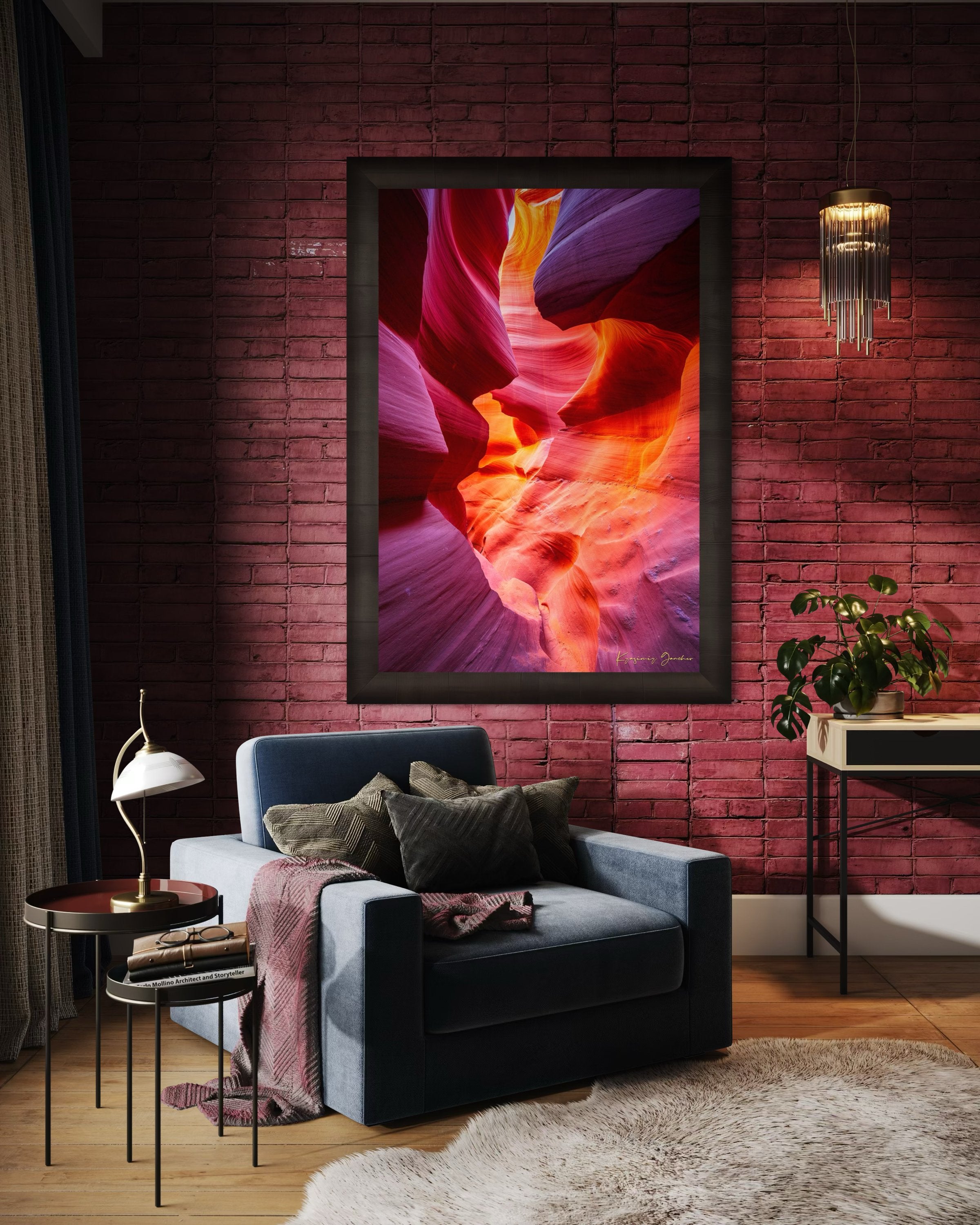 Sculpted sandstone canyon walls in Antelope Canyon, Page, illuminated by natural daylight. #Finish_Roma Dark Ash Frame