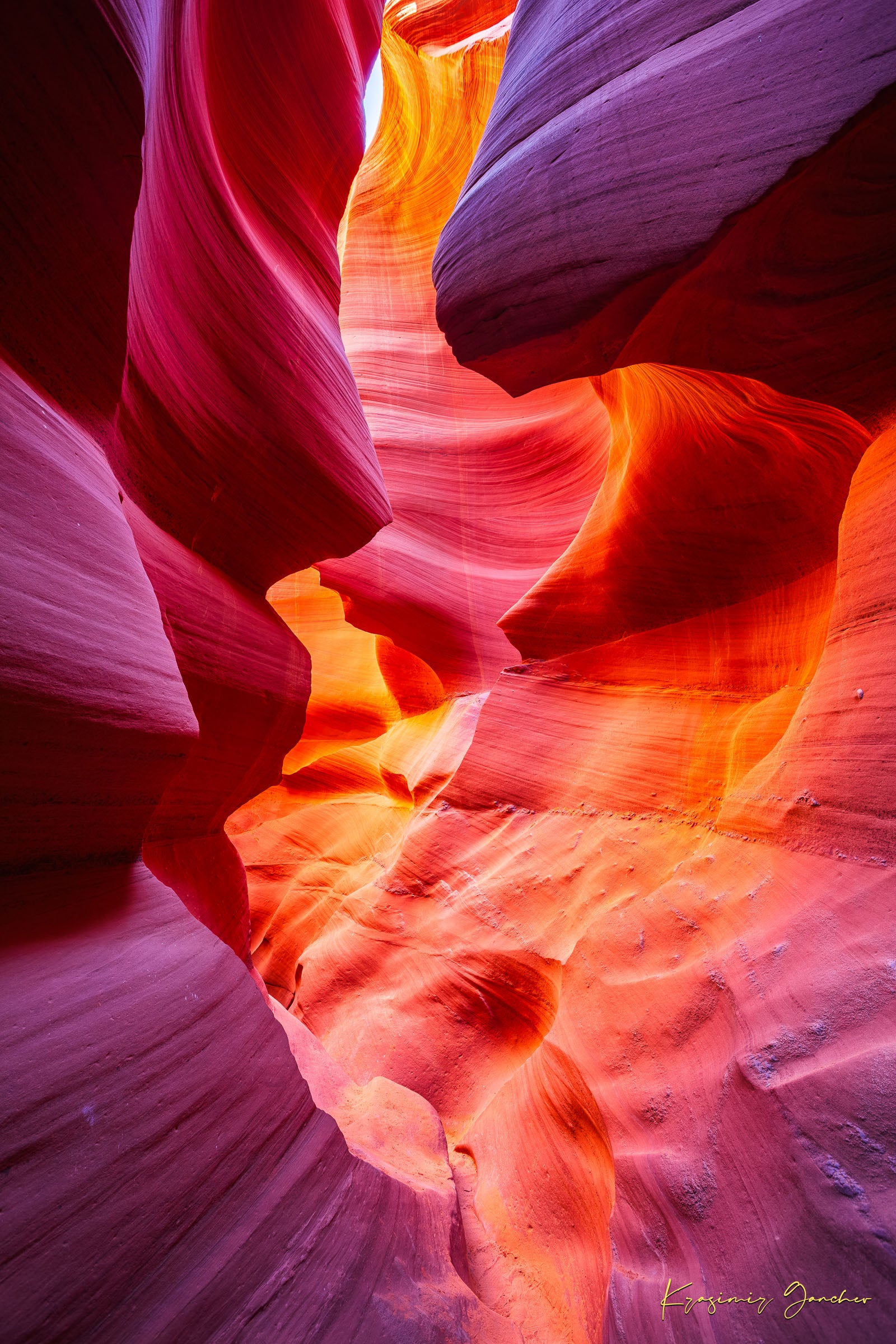 Sculpted sandstone canyon walls in Antelope Canyon, Page, illuminated by natural daylight. #Finish_Acrylic Recess
